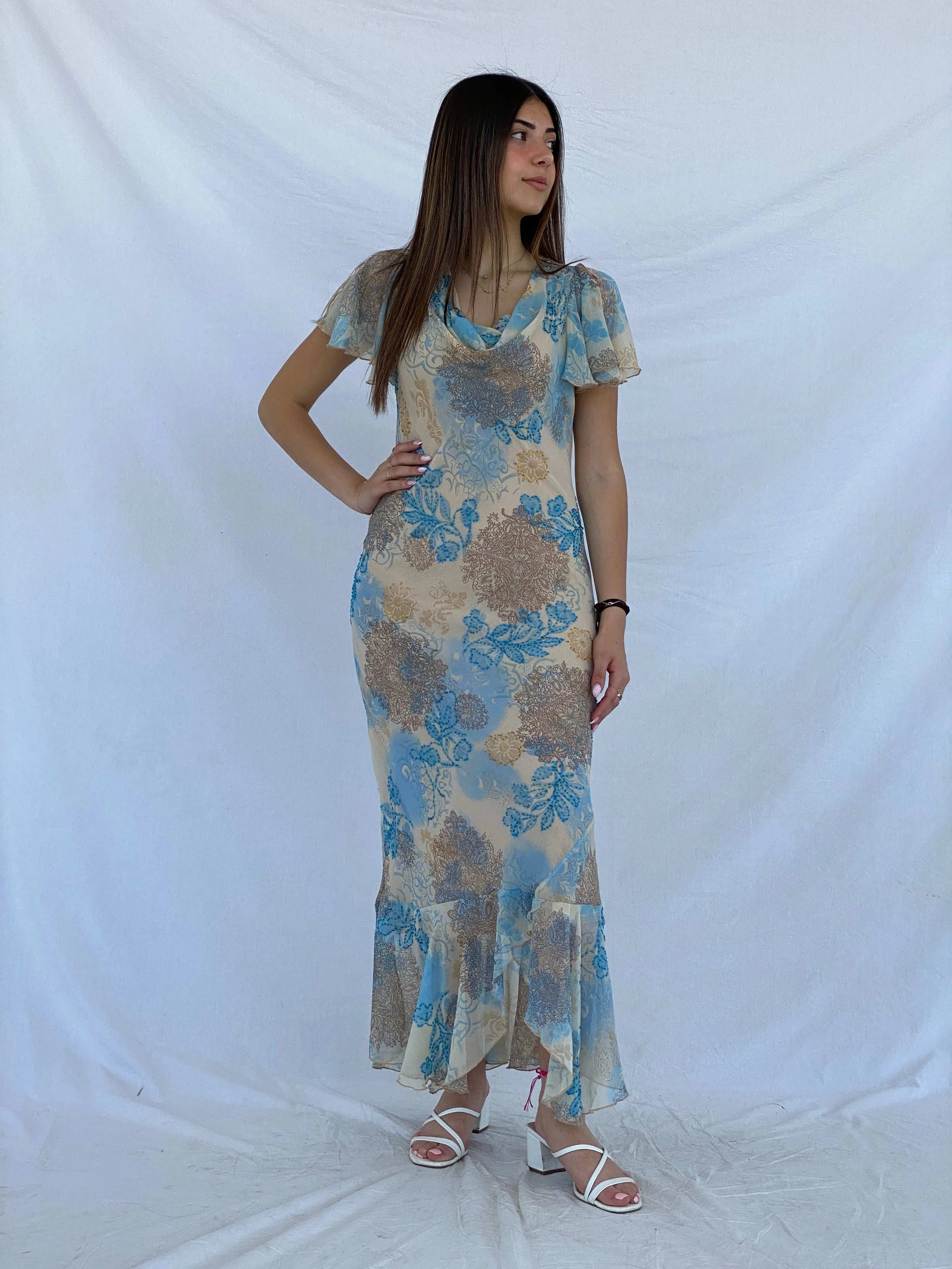 Dreamy Chirag Floral Beaded Beige Maxi Wedding Guest Dress Size S - Balagan Vintage Midi Dress 90s, dress, floral, floral dress, floral print, Juana, maxi dress, Wedding Guest
