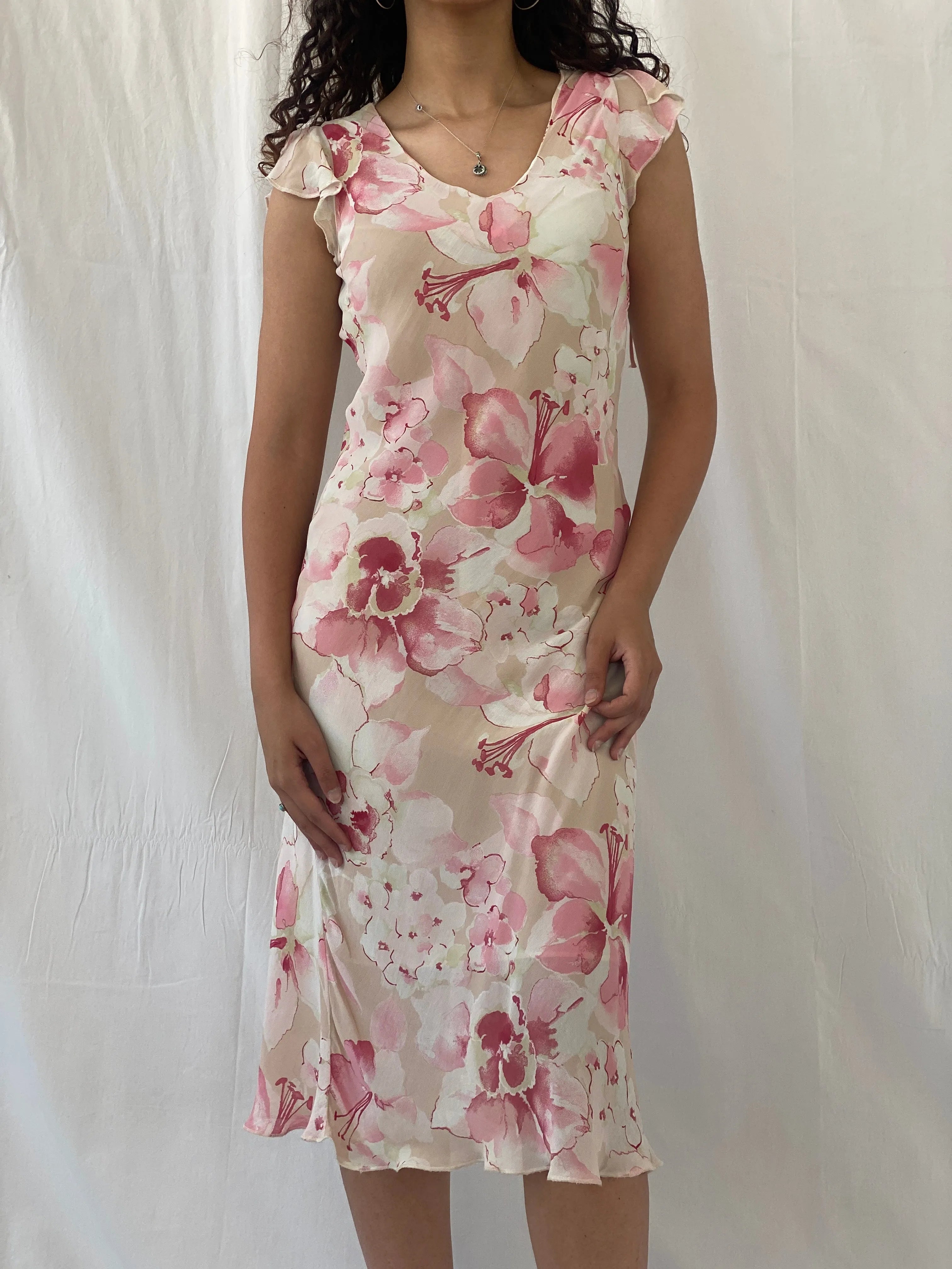 Dreamy Vintage Cõté Femme Pink Cream Floral Fairycore Midi Dress - S - Balagan Vintage Midi Dress 00s, Celine, consignment, dress, floral, midi dress, Tojan, Wedding Guest, Y2K dress