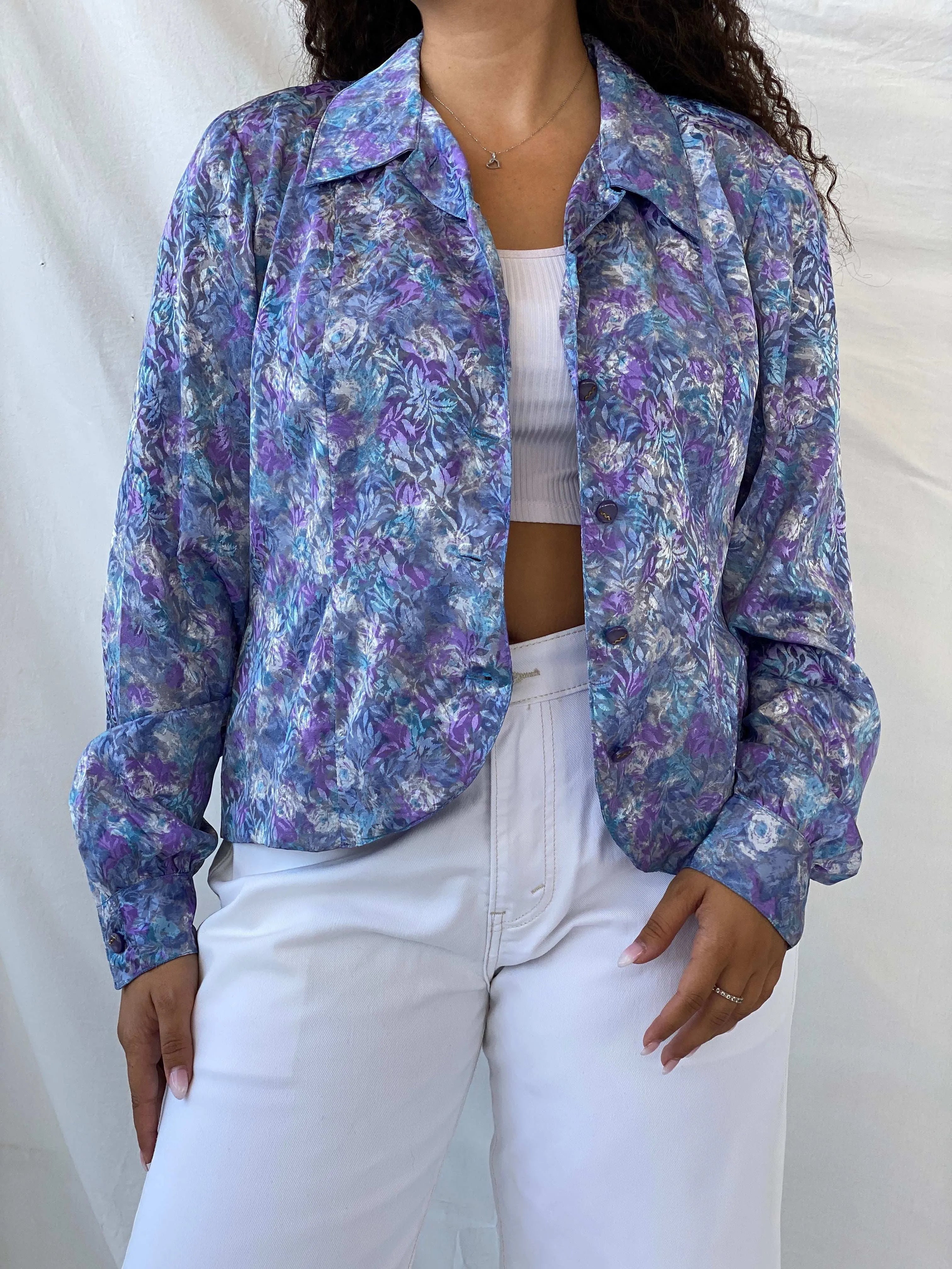 Dreamy Vintage Handmade Blue and Purple Full Sleeve Button Shirt - L - Balagan Vintage Full Sleeve Shirt 00s, 90s, Dina, floral, floral shirt, full sleeve shirt, multicolored, oversized, oversized shirt, printed shirt, women shirt