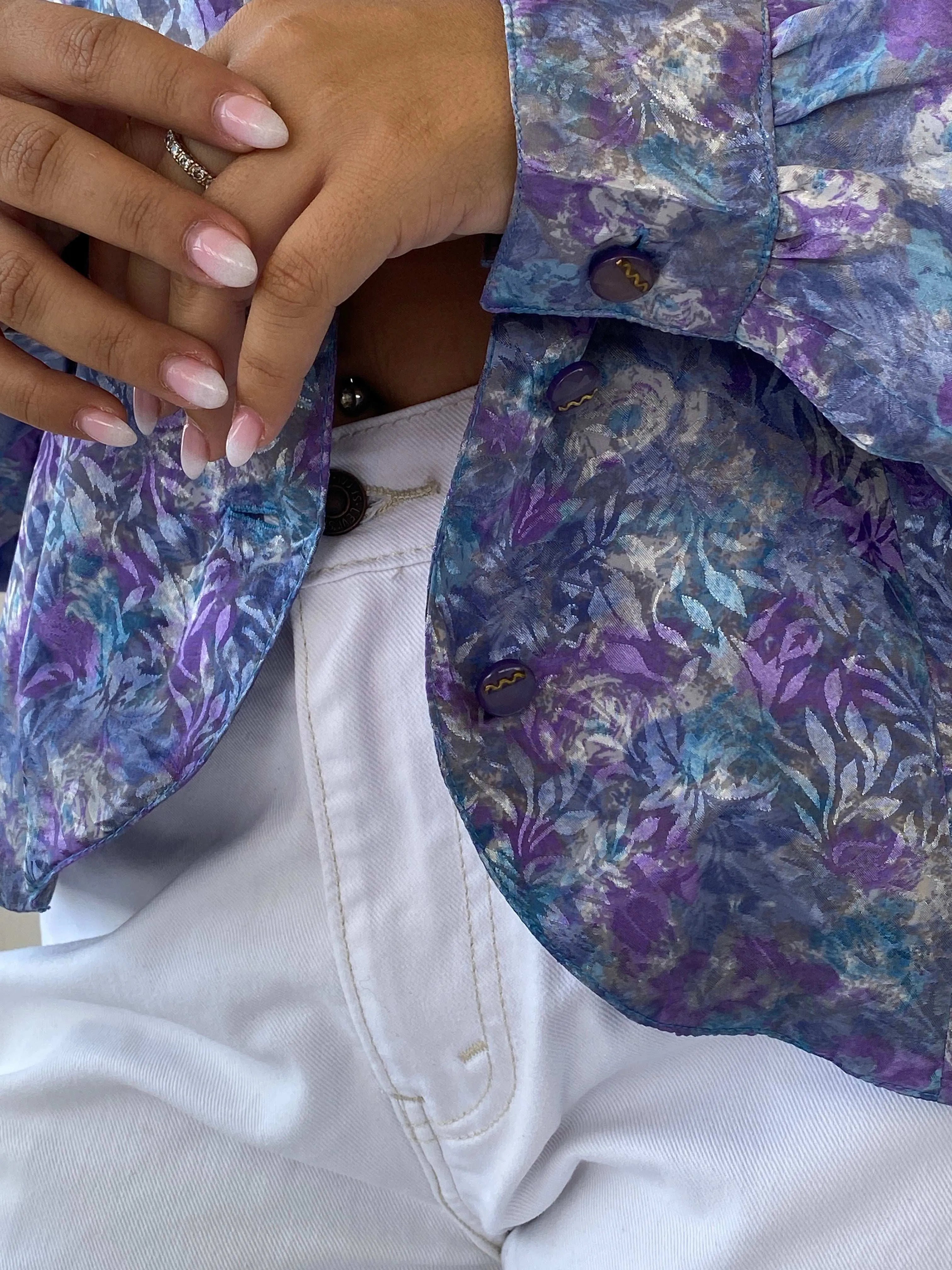 Dreamy Vintage Handmade Blue and Purple Full Sleeve Button Shirt - L - Balagan Vintage Full Sleeve Shirt 00s, 90s, Dina, floral, floral shirt, full sleeve shirt, multicolored, oversized, oversized shirt, printed shirt, women shirt