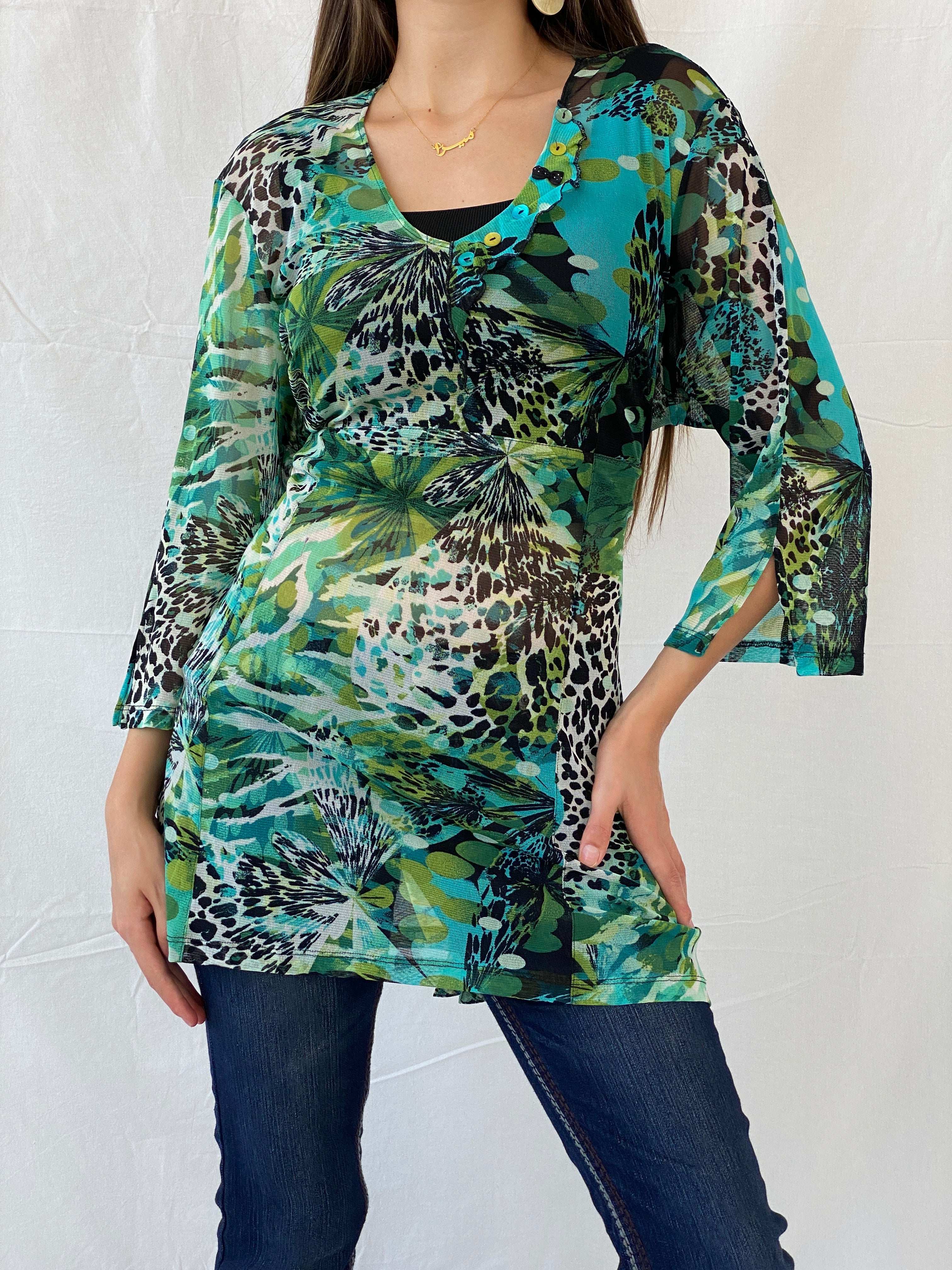 Early 00s Pause Café Tropical Print Mesh Top - L - Balagan Vintage Half Sleeve Top 00s, 90s, Mira, women top