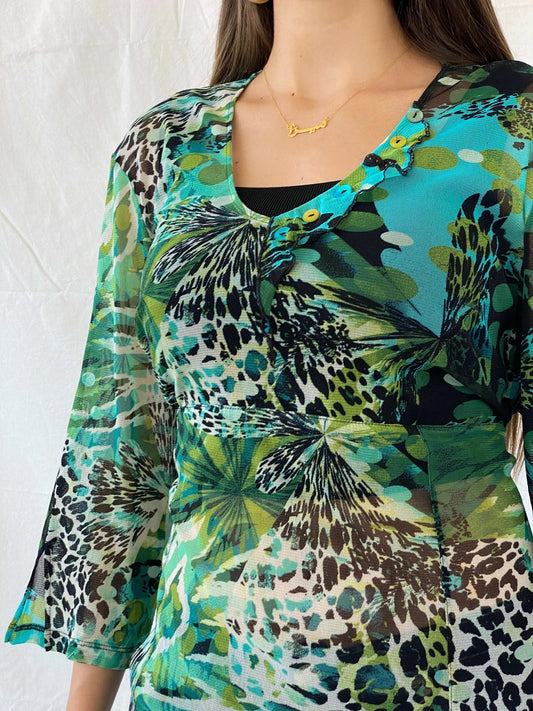 Early 00s Pause Café Tropical Print Mesh Top - L - Balagan Vintage Half Sleeve Top 00s, 90s, Deals, Mira, women top