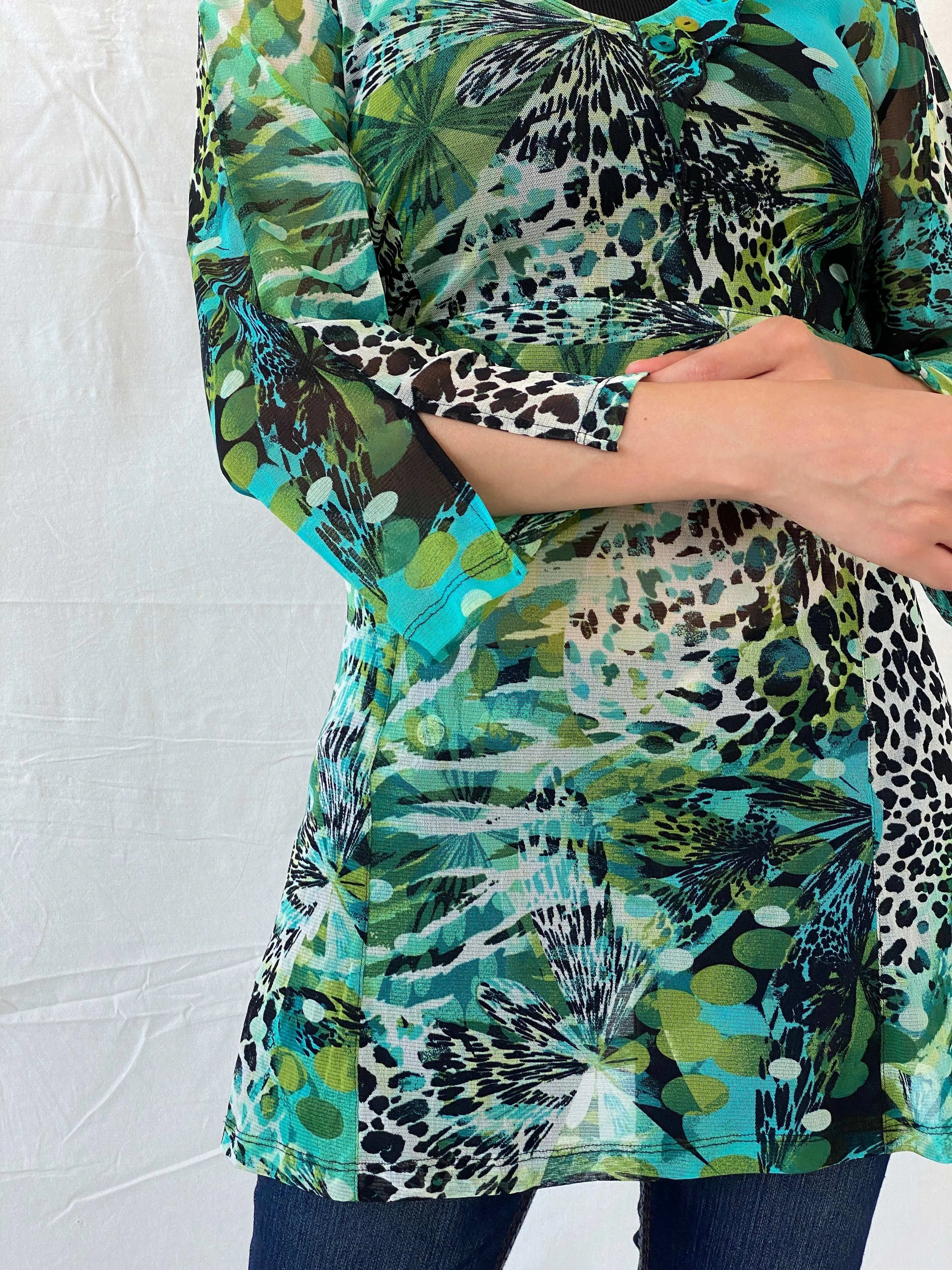 Early 00s Pause Café Tropical Print Mesh Top - L - Balagan Vintage Half Sleeve Top 00s, 90s, Mira, women top