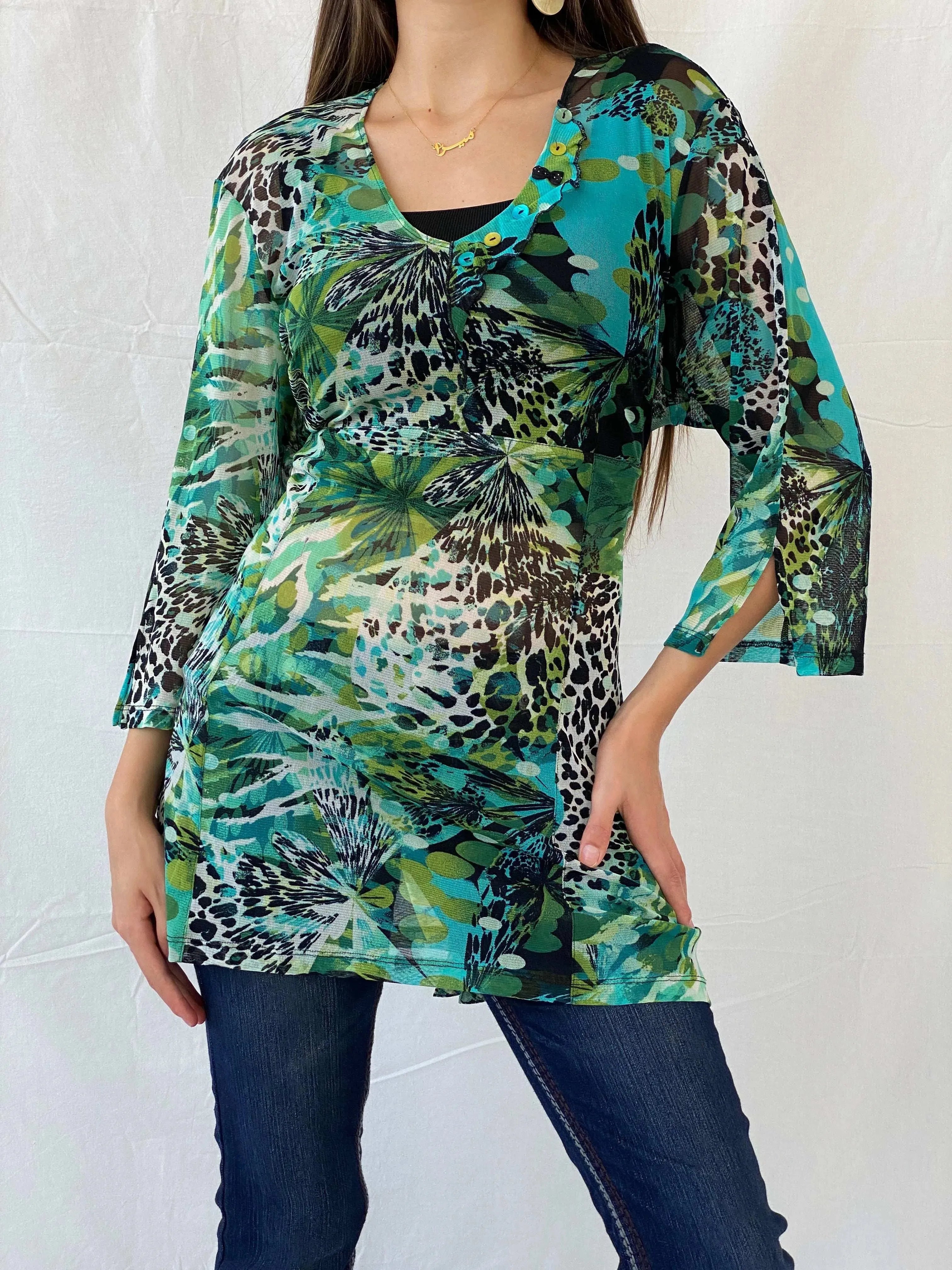 Early 00s Pause Café Tropical Print Mesh Top - L - Balagan Vintage Half Sleeve Top 00s, 90s, Deals, Mira, women top