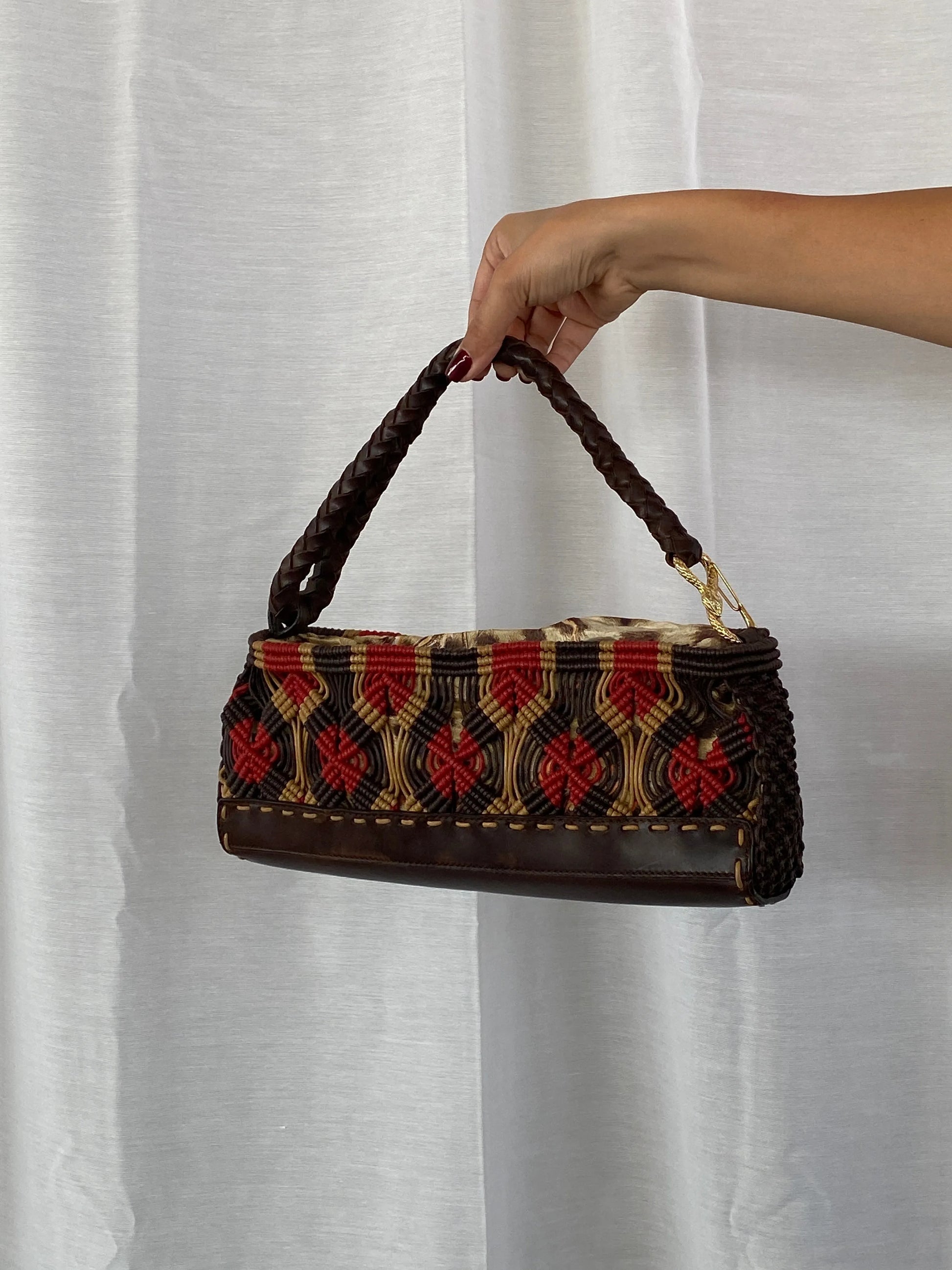 Early 00s Roberto Cavalli Macrame Cord Bag with Leopard Lining - Balagan Vintage Handbags 90s, consignment, Sadouf