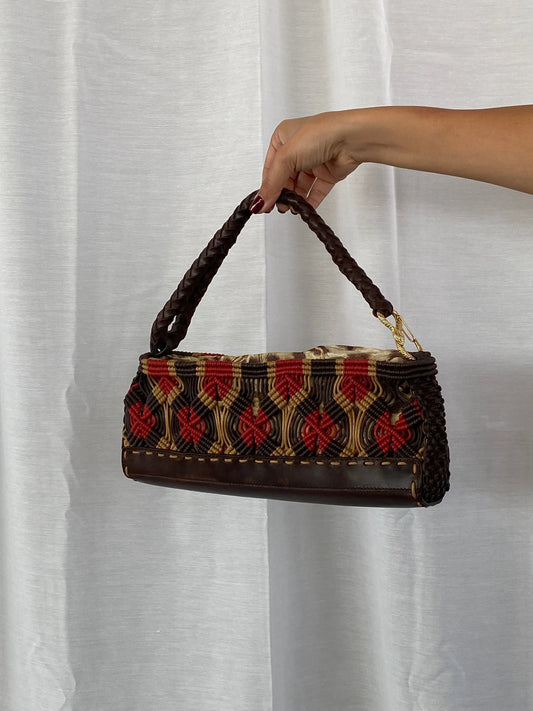 Early 00s Roberto Cavalli Macrame Cord Bag with Leopard Lining - Balagan Vintage Handbags 90s, consignment, Sadouf
