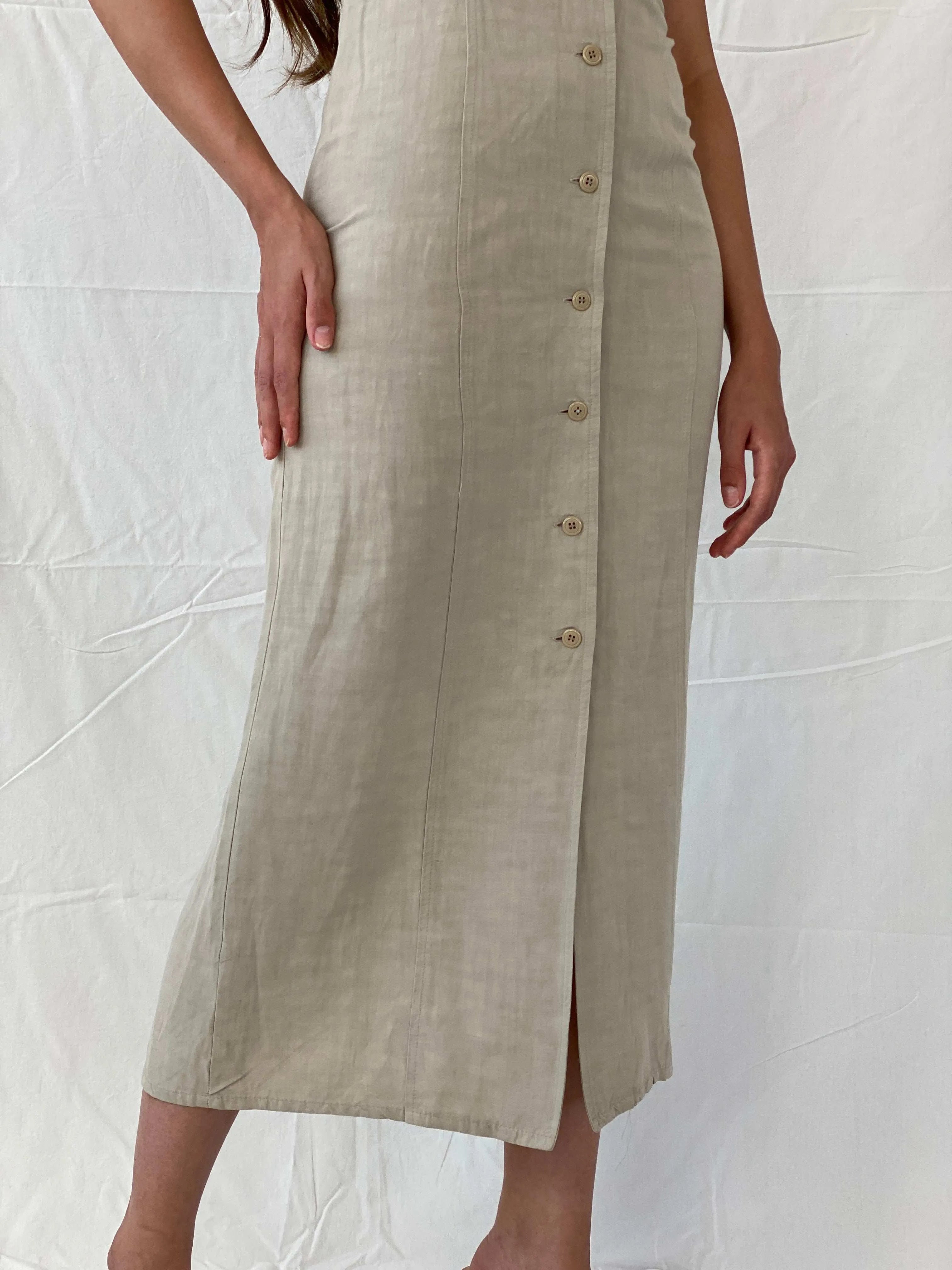 Early 00s Zara Woman Linen Button Down Maxi Beige Dress - S - Balagan Vintage Maxi Dress 00s dress, 90s, maxi dress, Mira, velvet, Y2K dress, Zeina