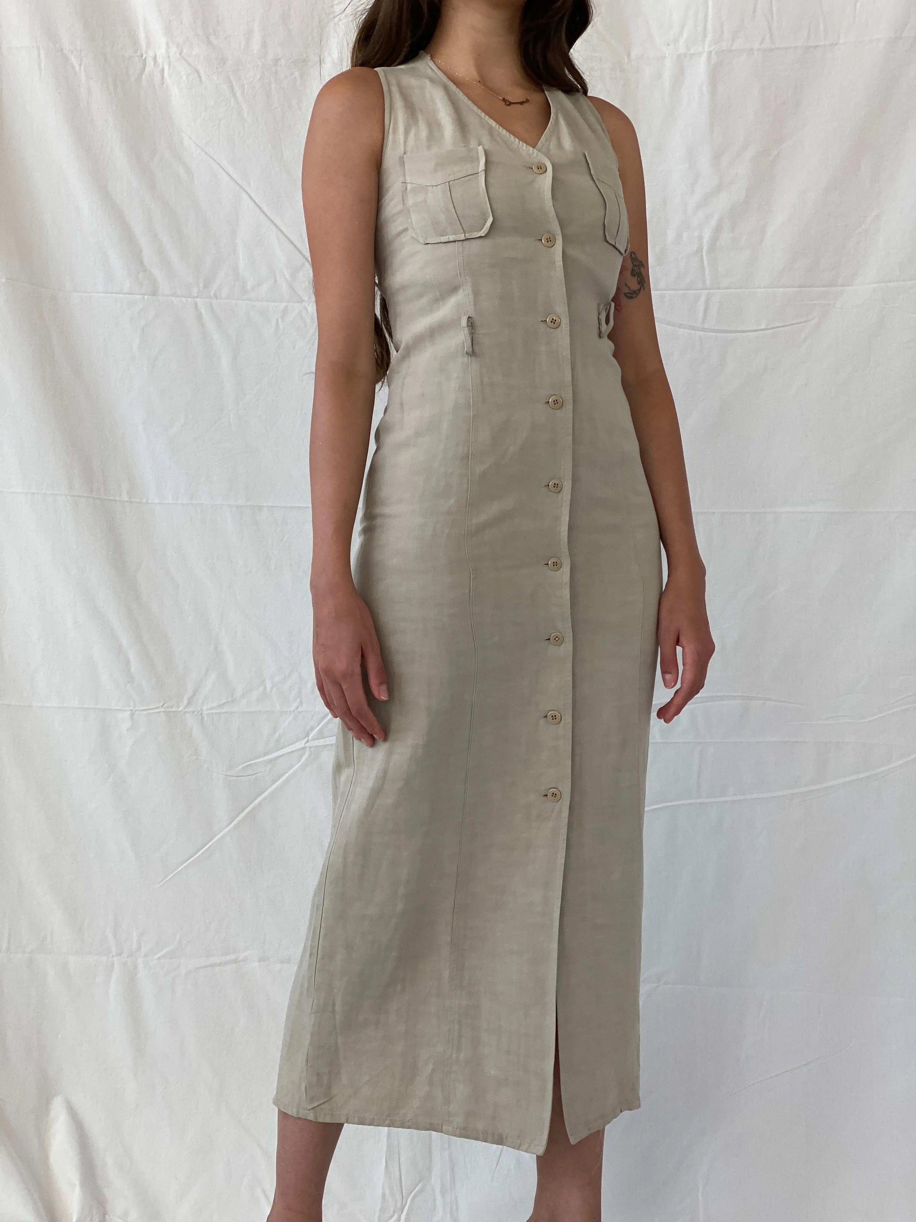 Early 00s Zara Woman Linen Button Down Maxi Beige Dress - S - Balagan Vintage Maxi Dress 00s dress, 90s, maxi dress, Mira, velvet, Y2K dress, Zeina