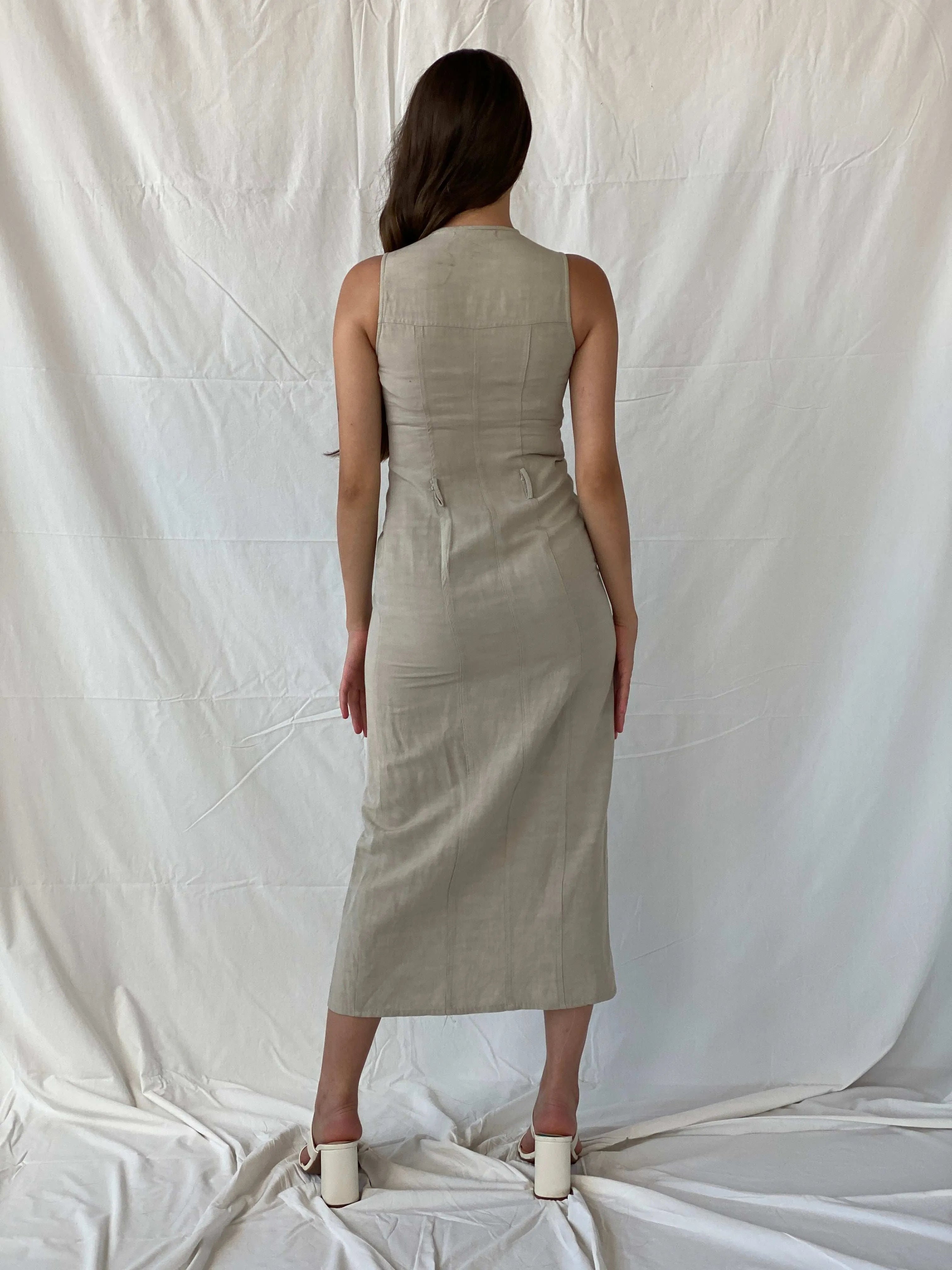 Early 00s Zara Woman Linen Button Down Maxi Beige Dress - S - Balagan Vintage Maxi Dress 00s dress, 90s, maxi dress, Mira, velvet, Y2K dress, Zeina