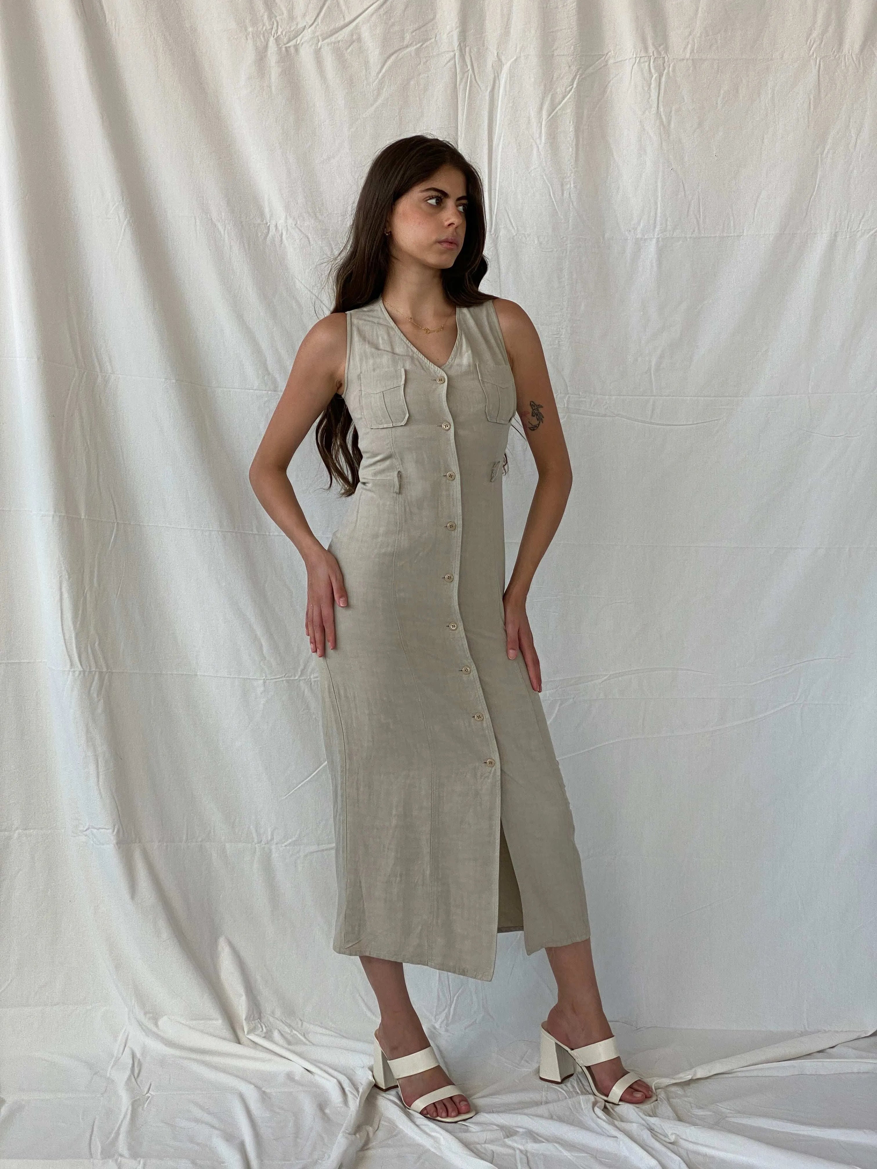 Early 00s Zara Woman Linen Button Down Maxi Beige Dress - S - Balagan Vintage Maxi Dress 00s dress, 90s, maxi dress, Mira, velvet, Y2K dress, Zeina