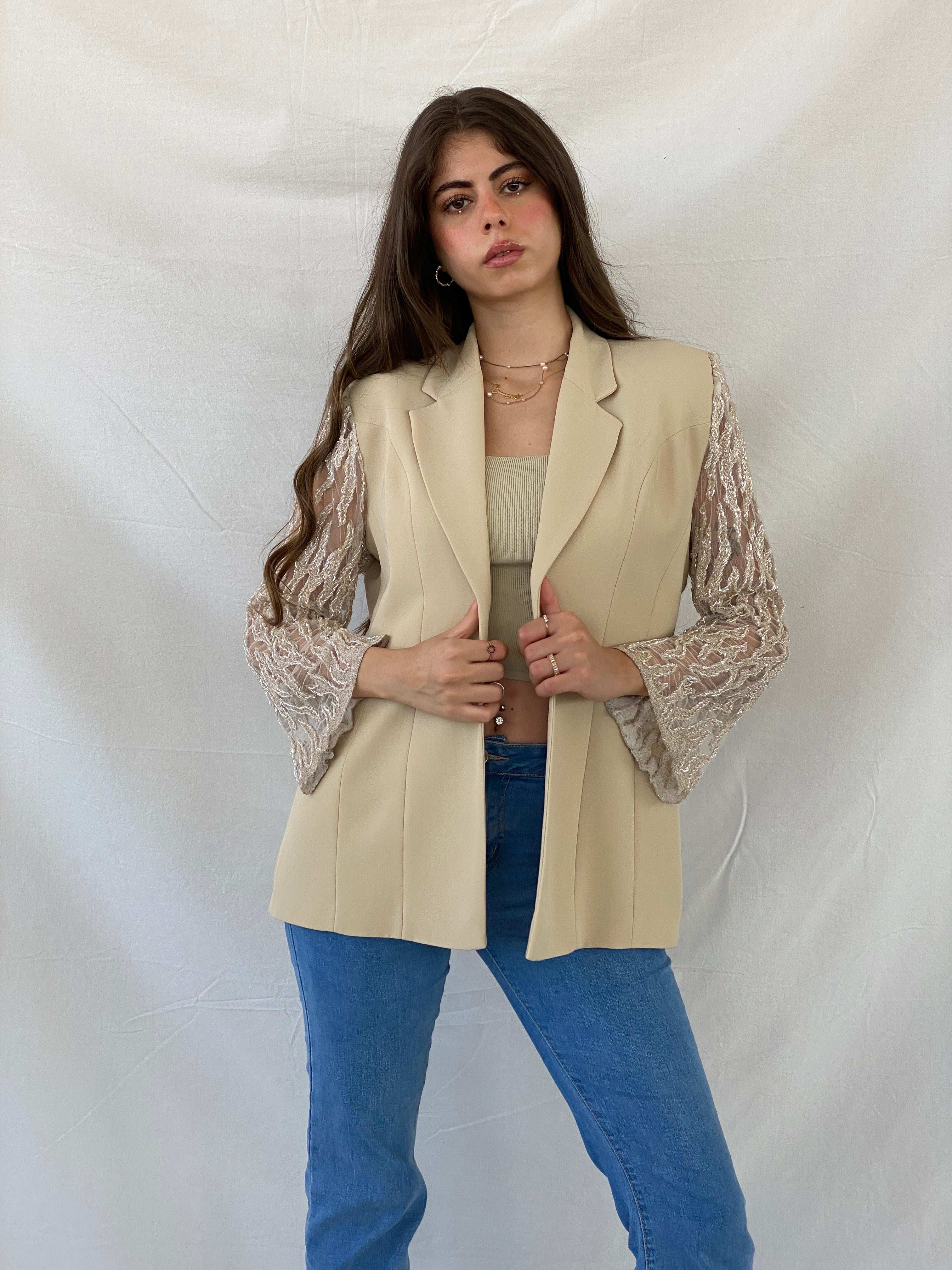 Elegant 00s Verona Beaded Mesh Sleeves Beige Evening Blazer - M - Balagan Vintage Blazer 90s, beaded, blazer, Deals, full sleeve blazer, Mira, winter