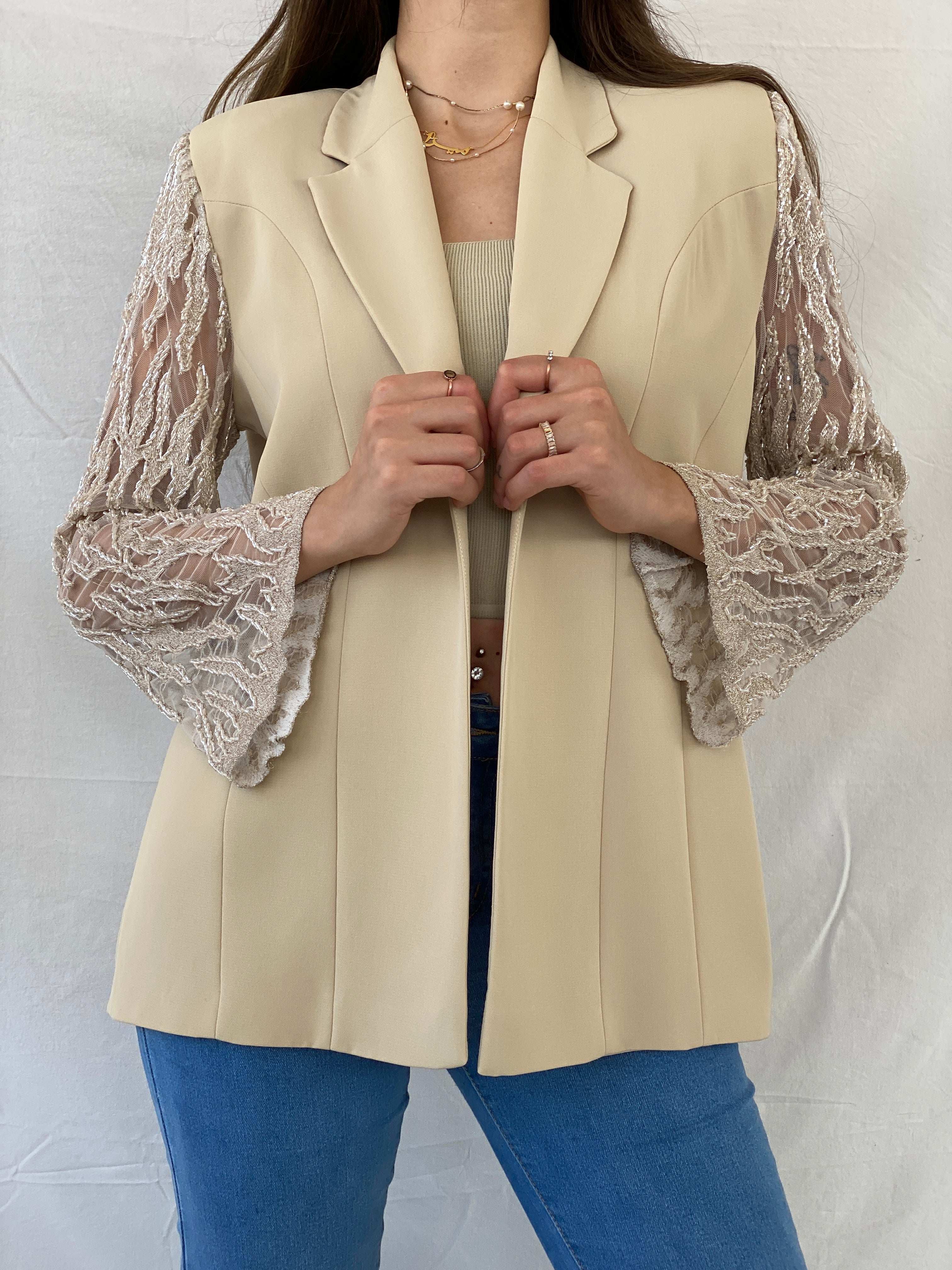 Elegant 00s Verona Beaded Mesh Sleeves Beige Evening Blazer - M - Balagan Vintage Blazer 90s, beaded, blazer, Deals, full sleeve blazer, Mira, winter