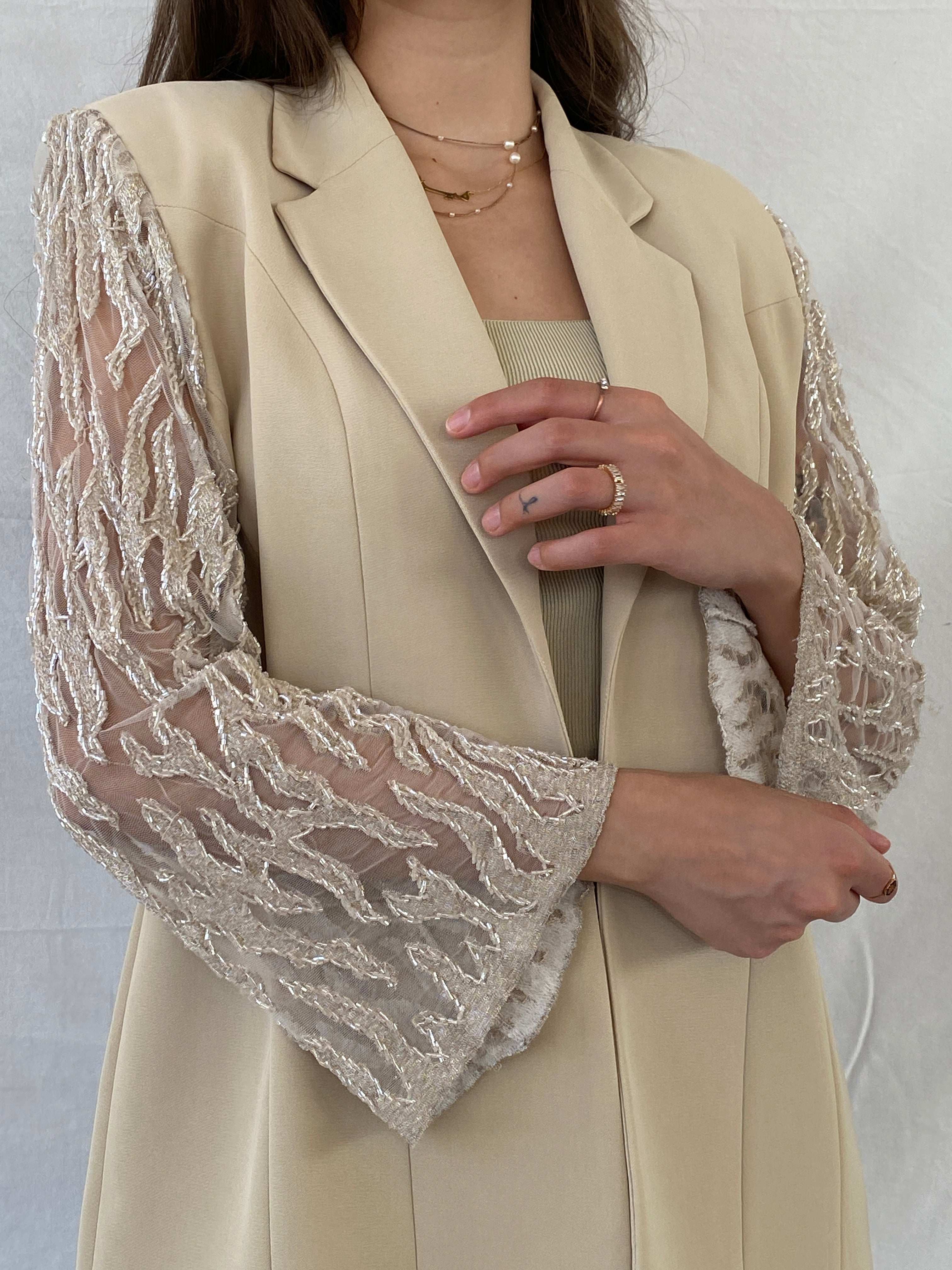 Elegant 00s Verona Beaded Mesh Sleeves Beige Evening Blazer - M - Balagan Vintage Blazer 90s, beaded, blazer, Deals, full sleeve blazer, Mira, winter