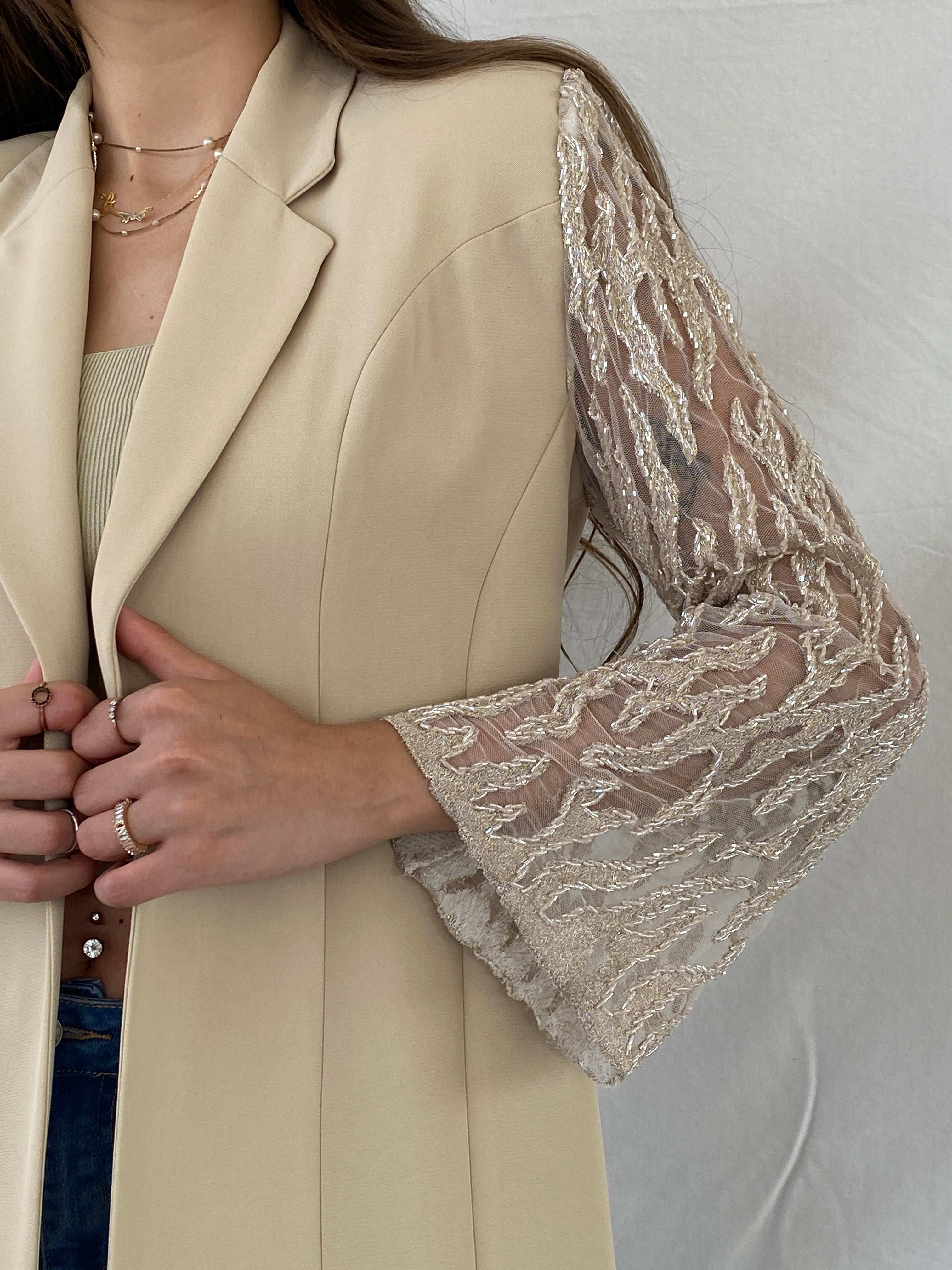 Elegant 00s Verona Beaded Mesh Sleeves Beige Evening Blazer - M - Balagan Vintage Blazer 90s, beaded, blazer, Deals, full sleeve blazer, Mira, winter