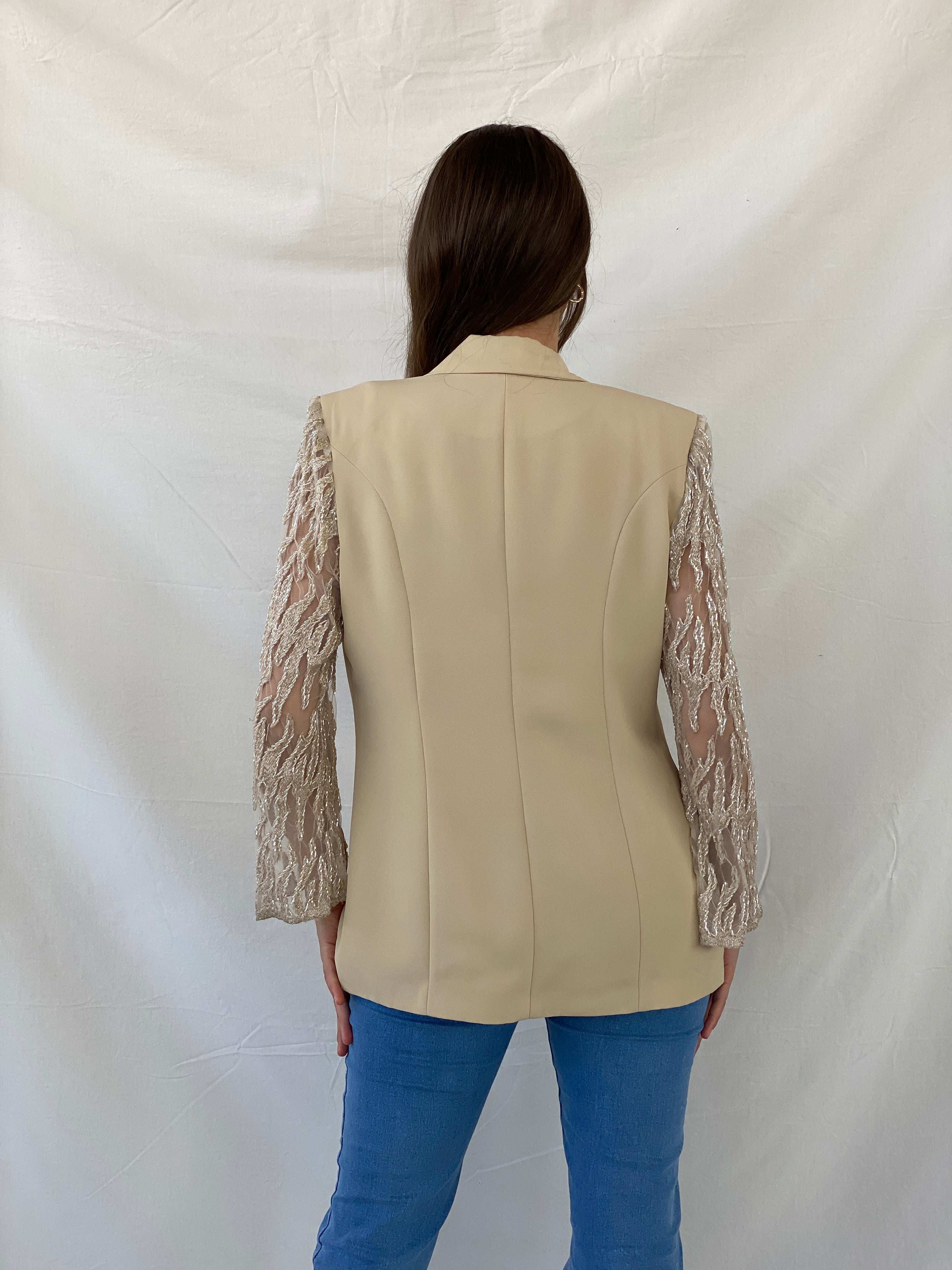 Elegant 00s Verona Beaded Mesh Sleeves Beige Evening Blazer - M - Balagan Vintage Blazer 90s, beaded, blazer, Deals, full sleeve blazer, Mira, winter