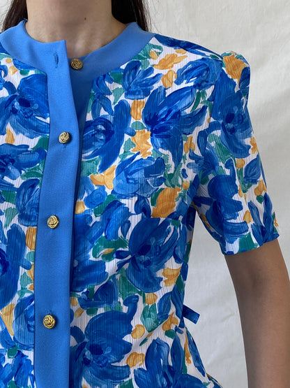 Elegant 90s Blue Orange Handmade Watercolor Floral Women’s Shirt - M - Balagan Vintage Half Sleeve Shirt 00s, Ayah, floral shirt, half sleeve shirt, NEW IN, shirt, women shirt