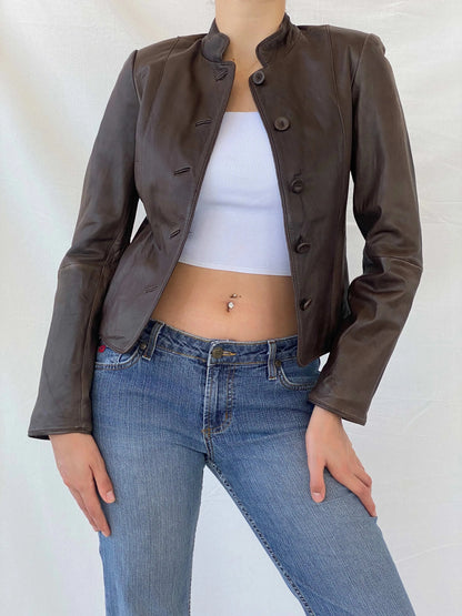 Elegant Camaíeu Brown Genuine Lamb Leather Fitted Jacket - S - Balagan Vintage Leather Jacket 90s, Coats&Jackets, Deals, genuine leather jacket, leather jacket, Mira, winter, Women's Leather Jackets