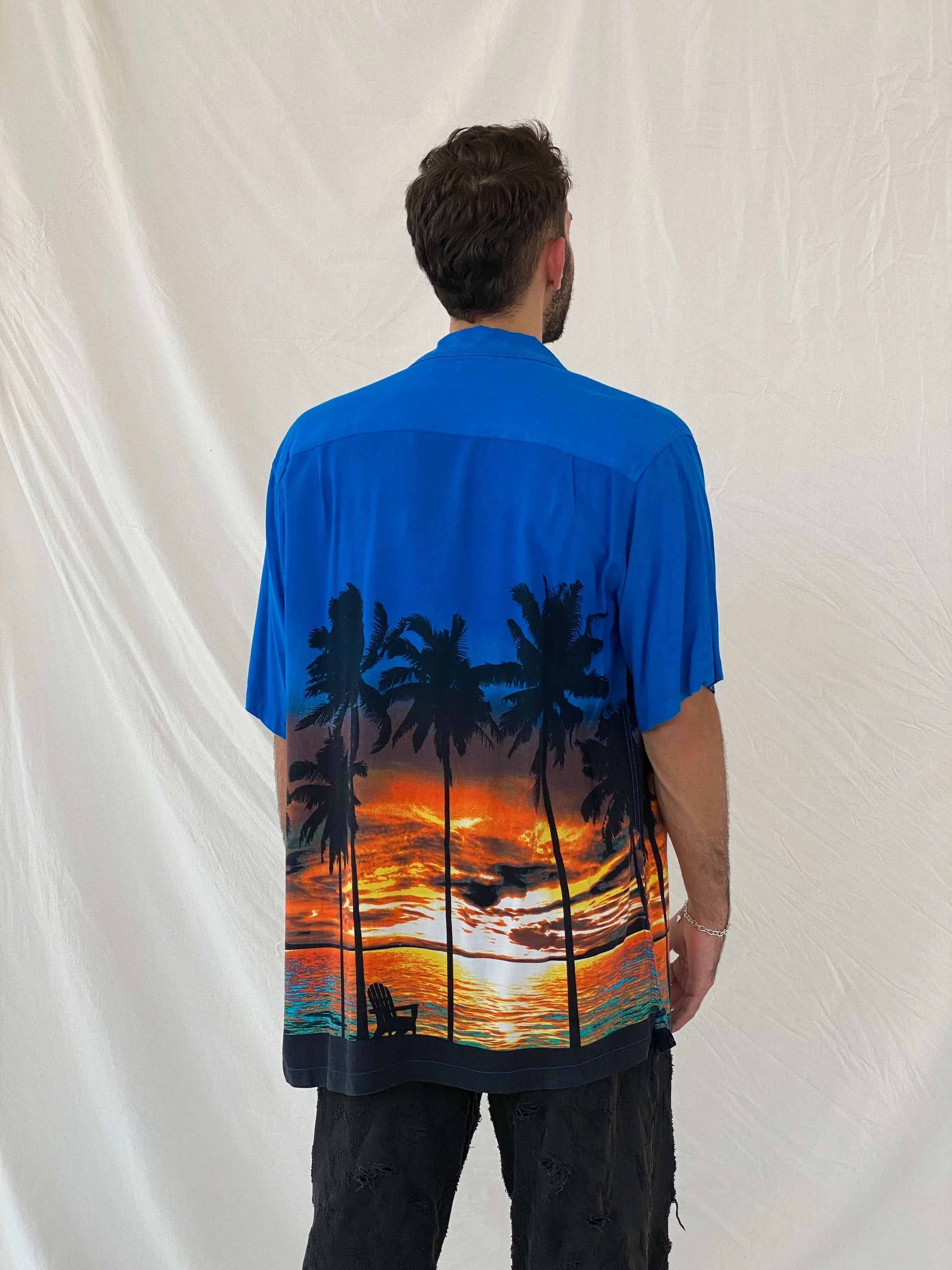 Favant Sunset Hawaiian Blue and Orange Shirt Size XL - Balagan Vintage Half Sleeve Top 90s, Awsam, half sleeve shirt, Hawaiian shirt, mens shirt, printed shirt