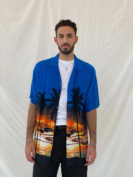 Favant Sunset Hawaiian Blue and Orange Shirt Size XL - Balagan Vintage Half Sleeve Top 90s, Awsam, half sleeve shirt, Hawaiian shirt, mens shirt, printed shirt