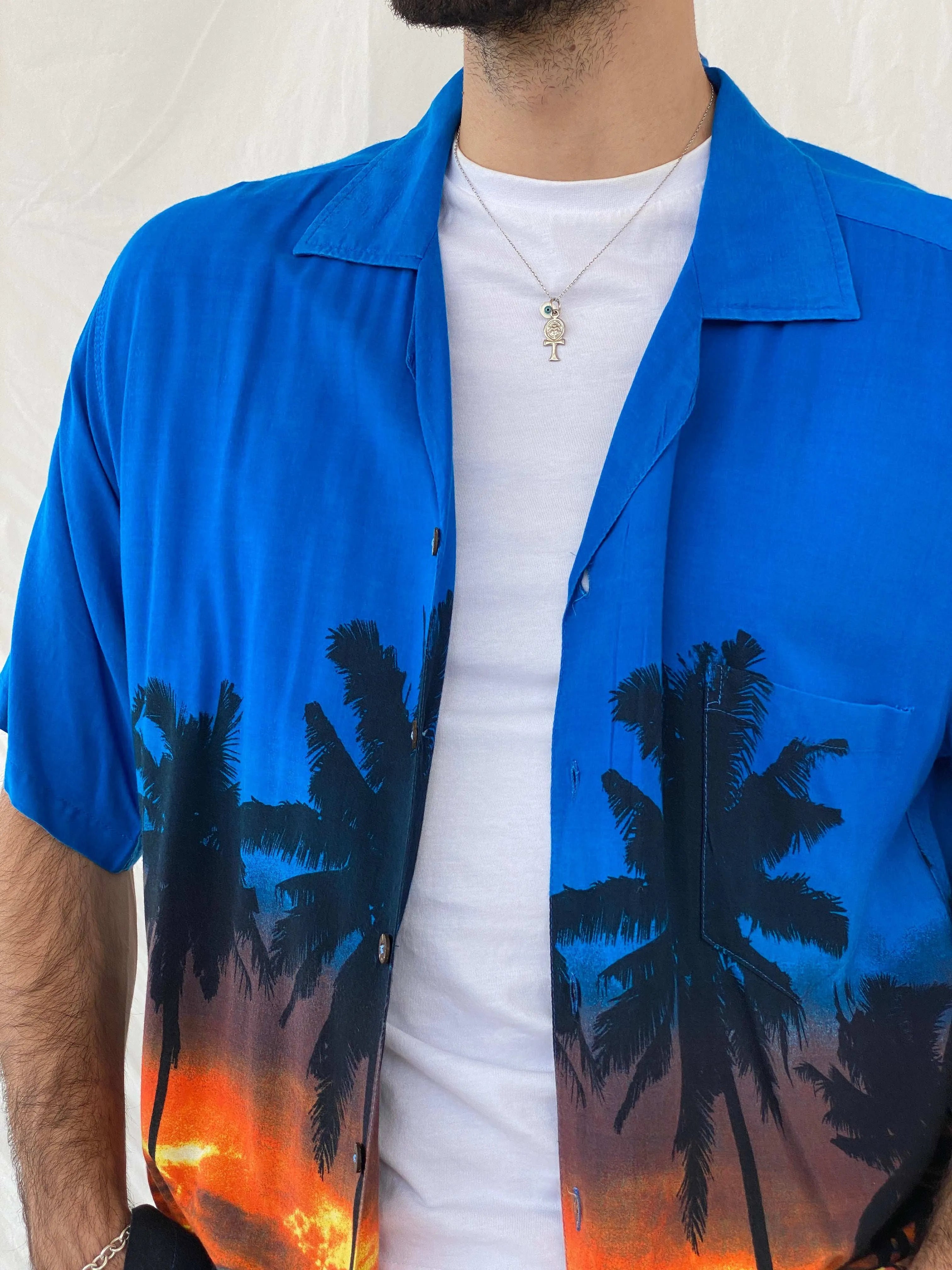 Favant Sunset Hawaiian Blue and Orange Shirt Size XL - Balagan Vintage Half Sleeve Top 90s, Awsam, half sleeve shirt, Hawaiian shirt, mens shirt, printed shirt