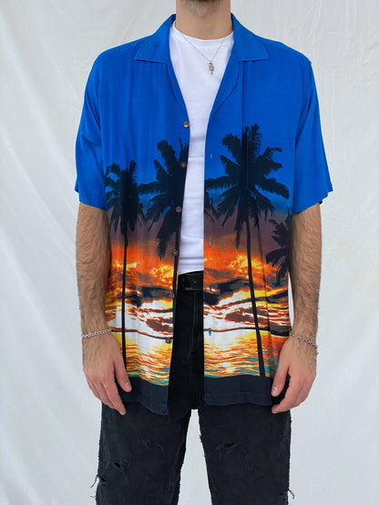 Favant Sunset Hawaiian Blue and Orange Shirt Size XL - Balagan Vintage Half Sleeve Top 90s, Awsam, half sleeve shirt, Hawaiian shirt, mens shirt, printed shirt