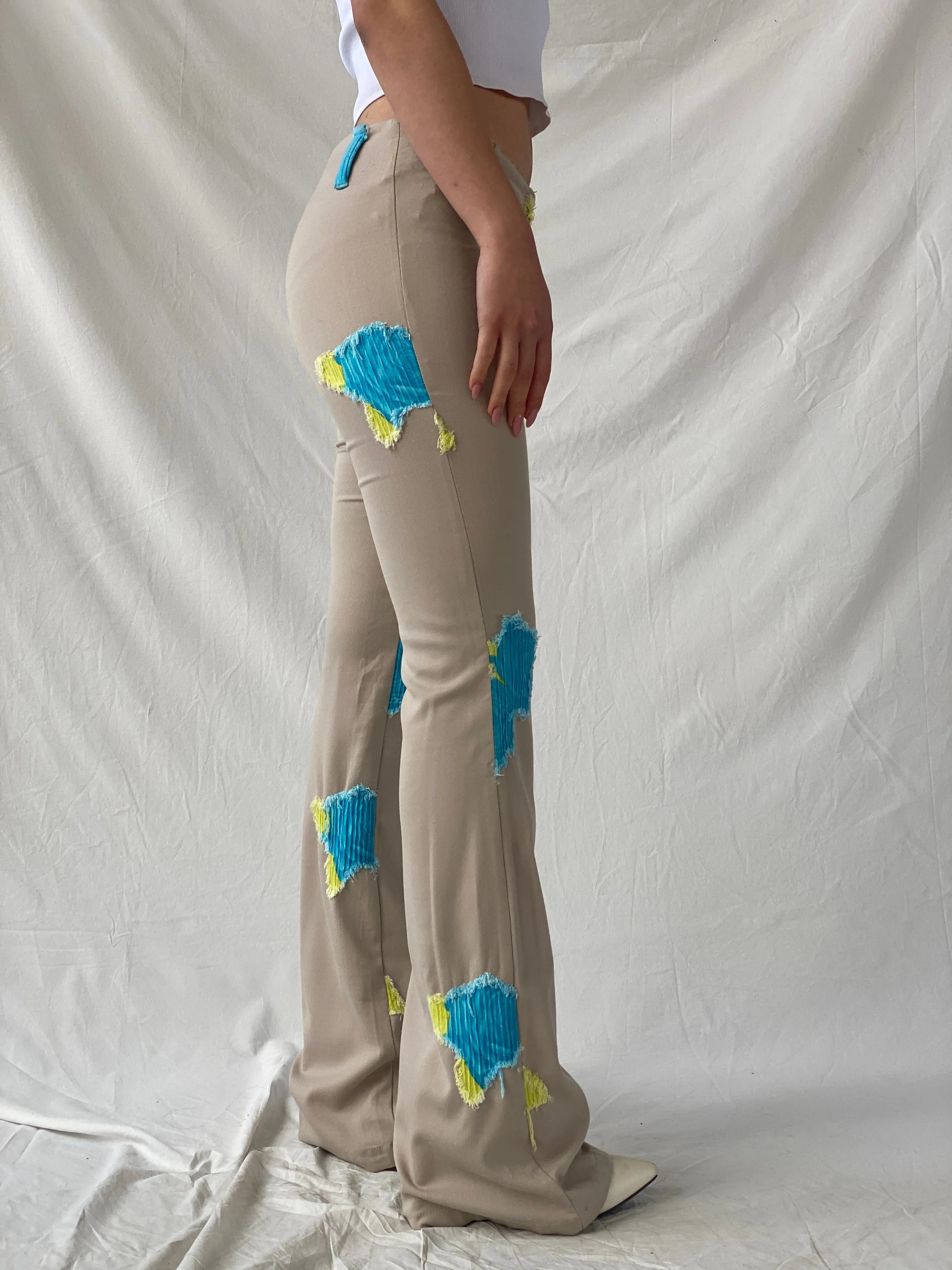 Free Style Beige Flared Blue and Yellow Patchwork Pants - XS - Balagan Vintage Pants 90s, Christine, pants, vintage pants, winter