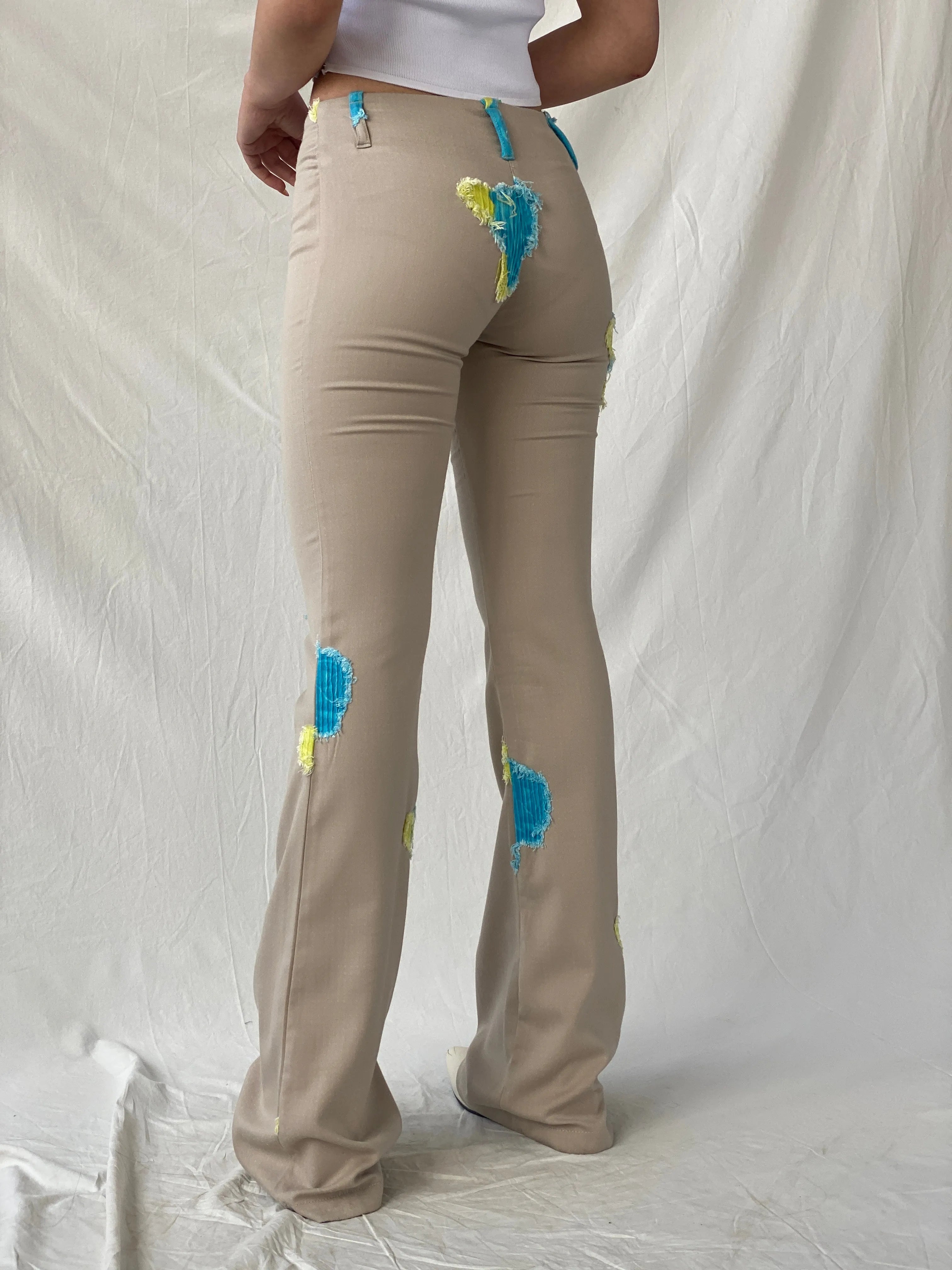 Free Style Beige Flared Blue and Yellow Patchwork Pants - XS - Balagan Vintage Pants 90s, Christine, pants, vintage pants, winter