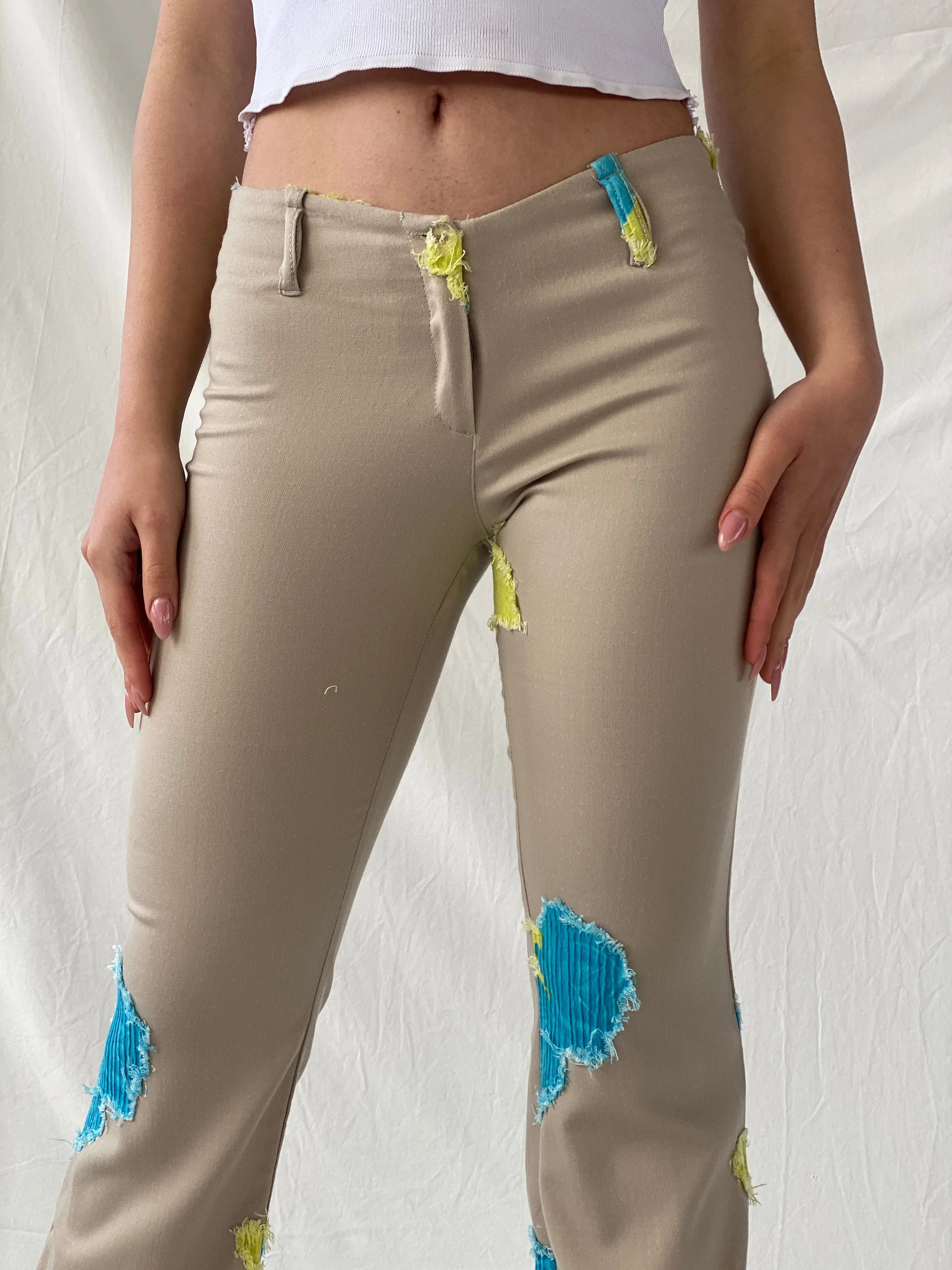 Free Style Beige Flared Blue and Yellow Patchwork Pants - XS - Balagan Vintage Pants 90s, Christine, pants, vintage pants, winter