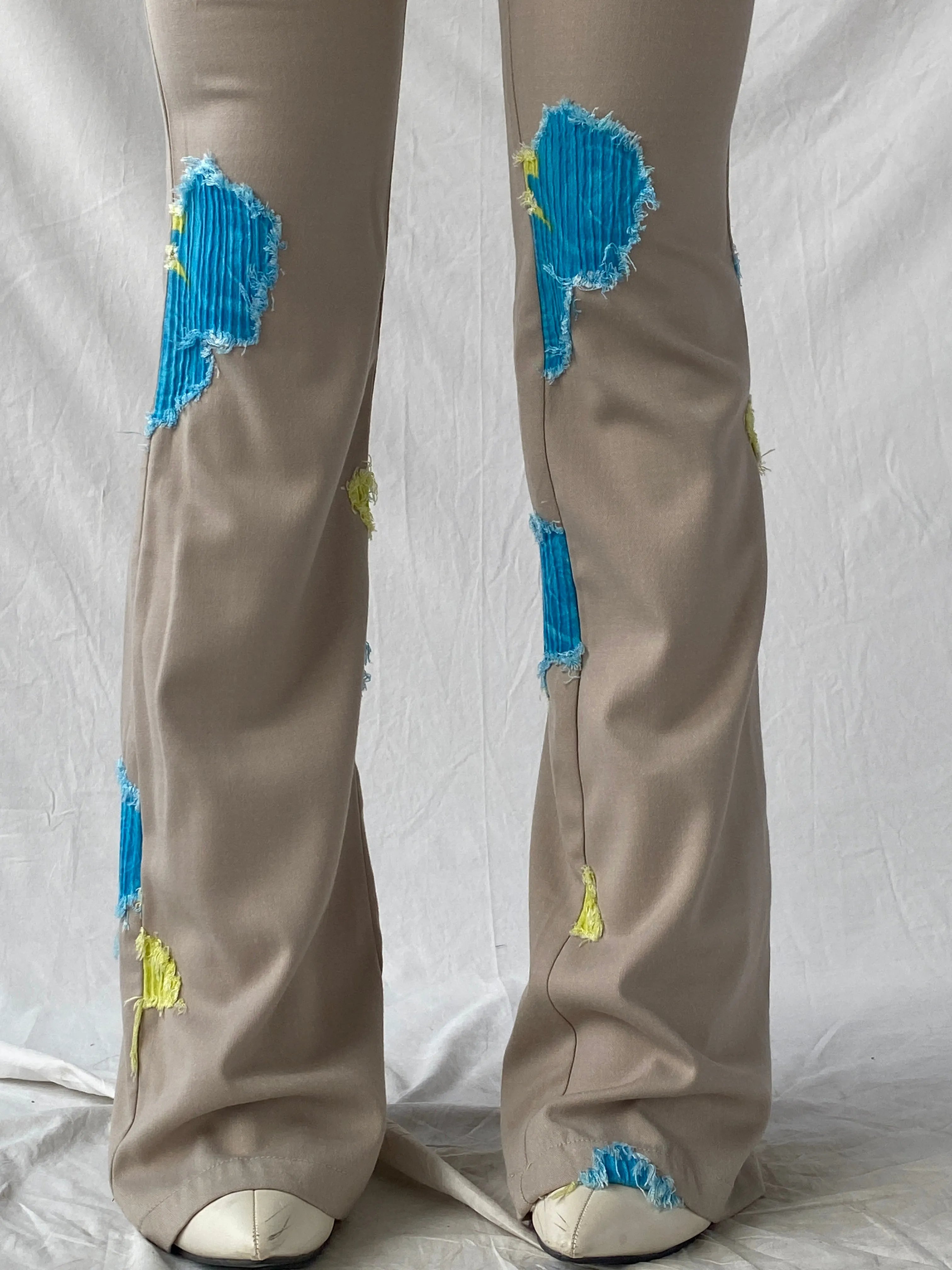 Free Style Beige Flared Blue and Yellow Patchwork Pants - XS - Balagan Vintage Pants 90s, Christine, pants, vintage pants, winter