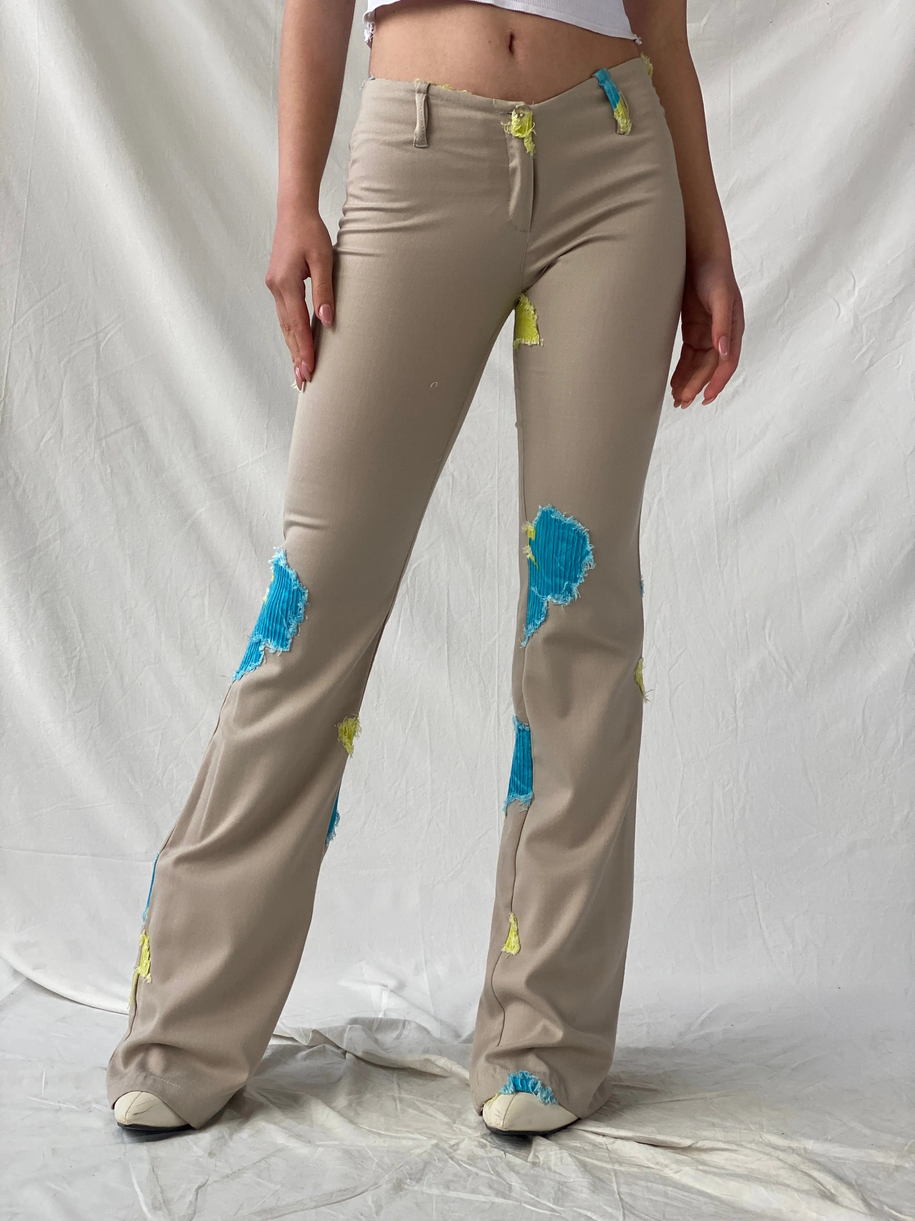 Free Style Beige Flared Blue and Yellow Patchwork Pants - XS - Balagan Vintage Pants 90s, Christine, pants, vintage pants, winter