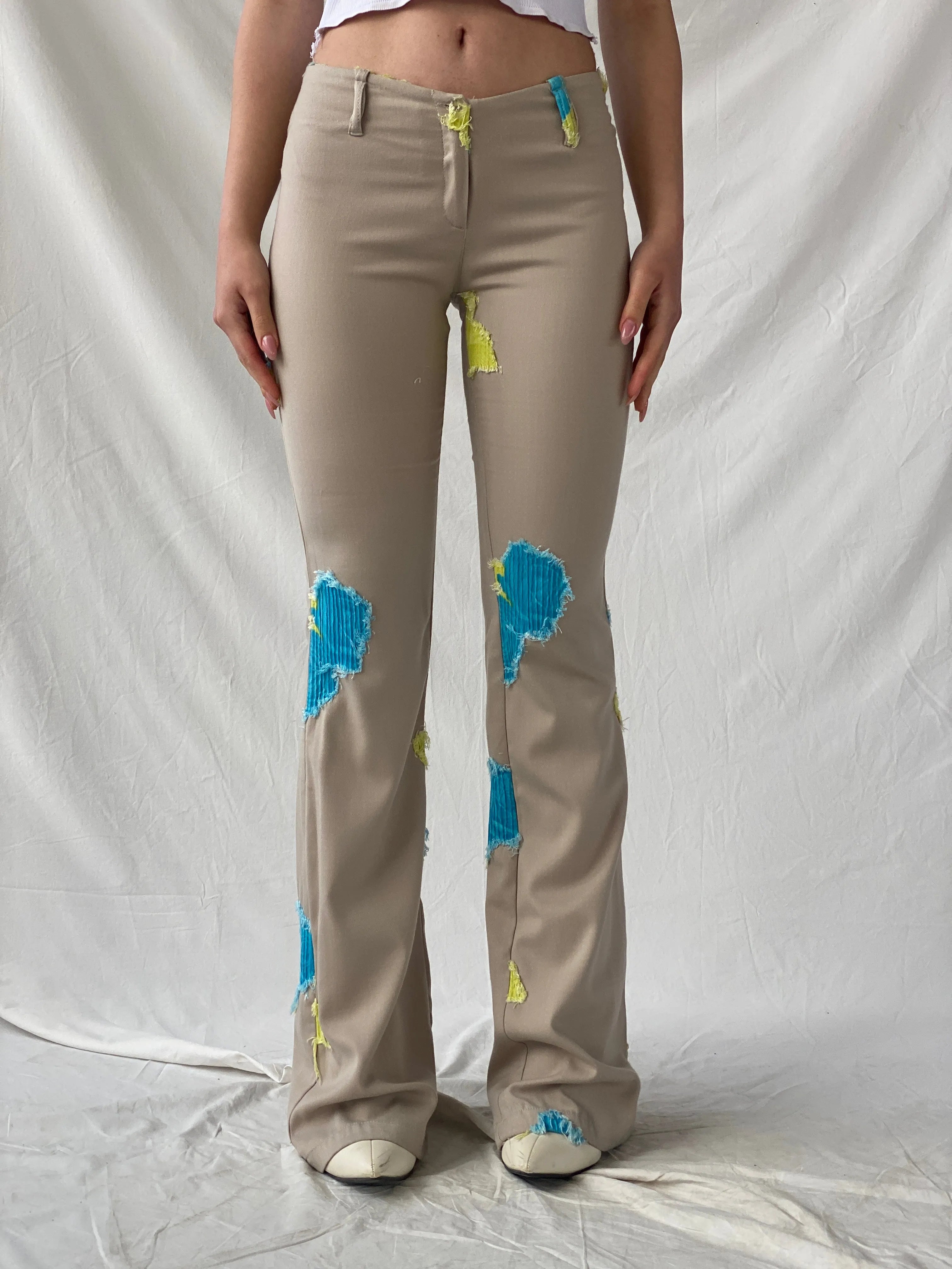 Free Style Beige Flared Blue and Yellow Patchwork Pants - XS - Balagan Vintage Pants 90s, Christine, pants, vintage pants, winter