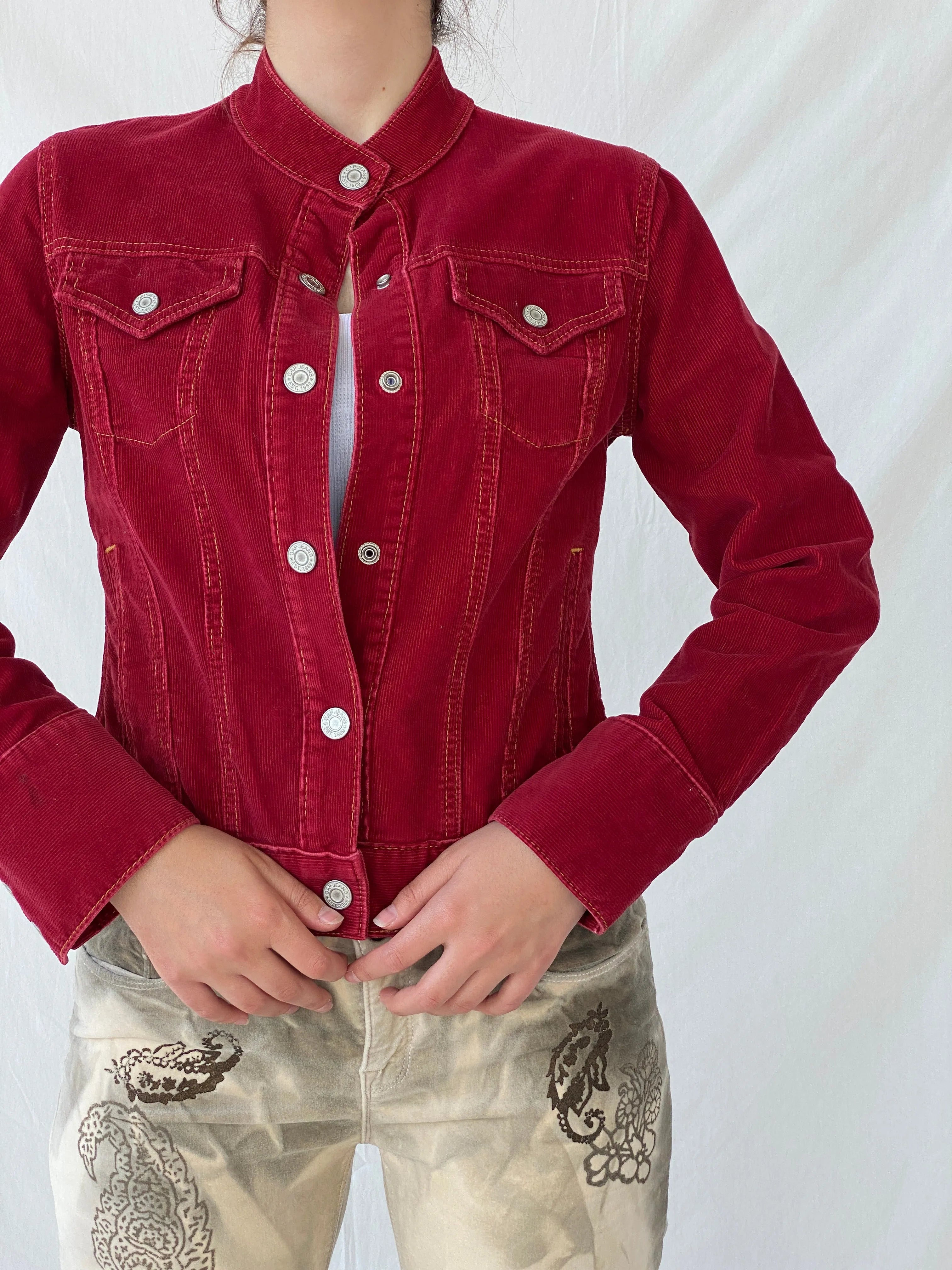 GAP Stretch Burgundy Corduroy Silver Buttoned Jacket - S - Balagan Vintage Corduroy Jacket 00s, Ayah, Coats&Jackets, corduroy, corduroy jacket