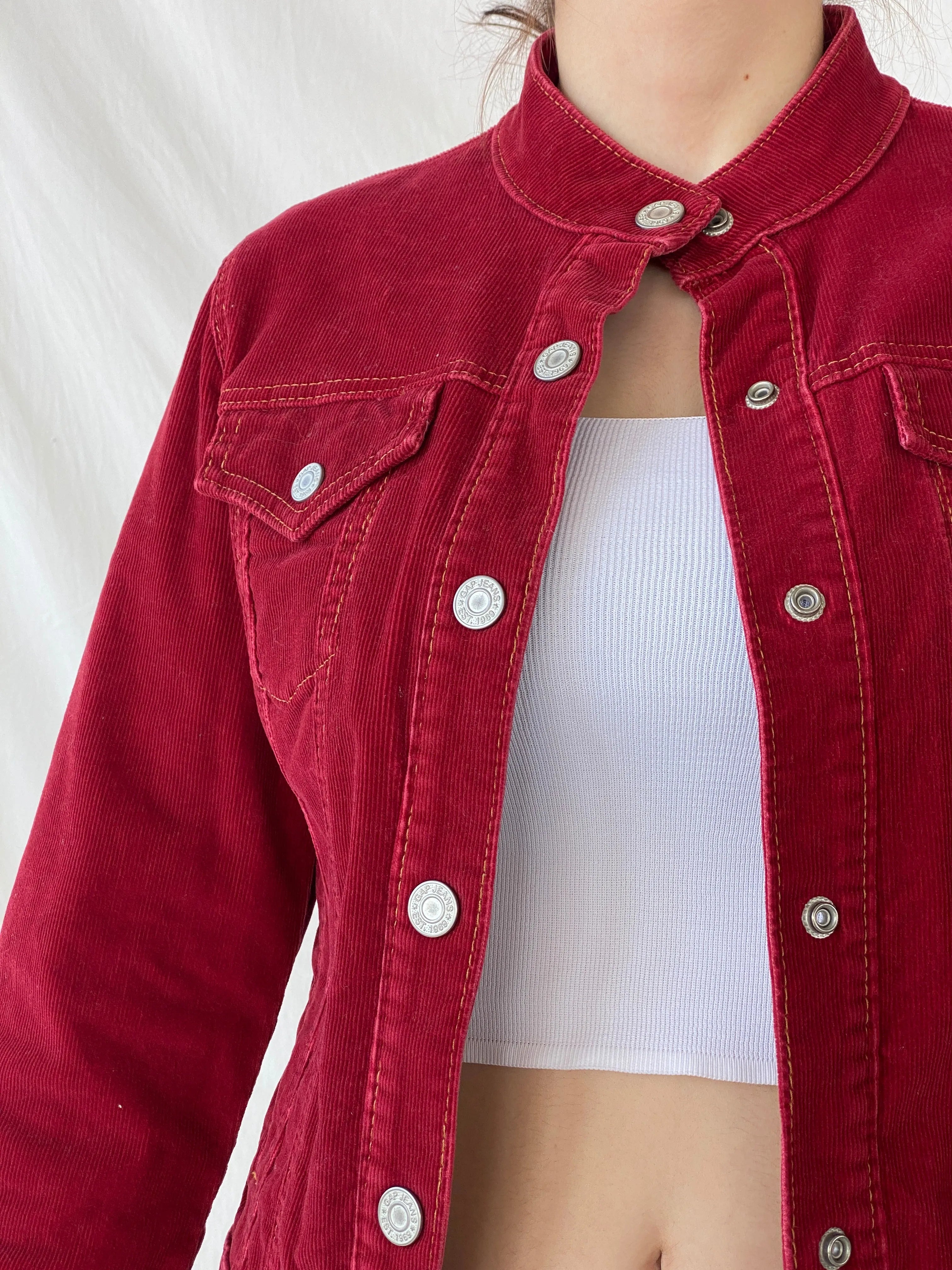 GAP Stretch Burgundy Corduroy Silver Buttoned Jacket - S - Balagan Vintage Corduroy Jacket 00s, Ayah, Coats&Jackets, corduroy, corduroy jacket