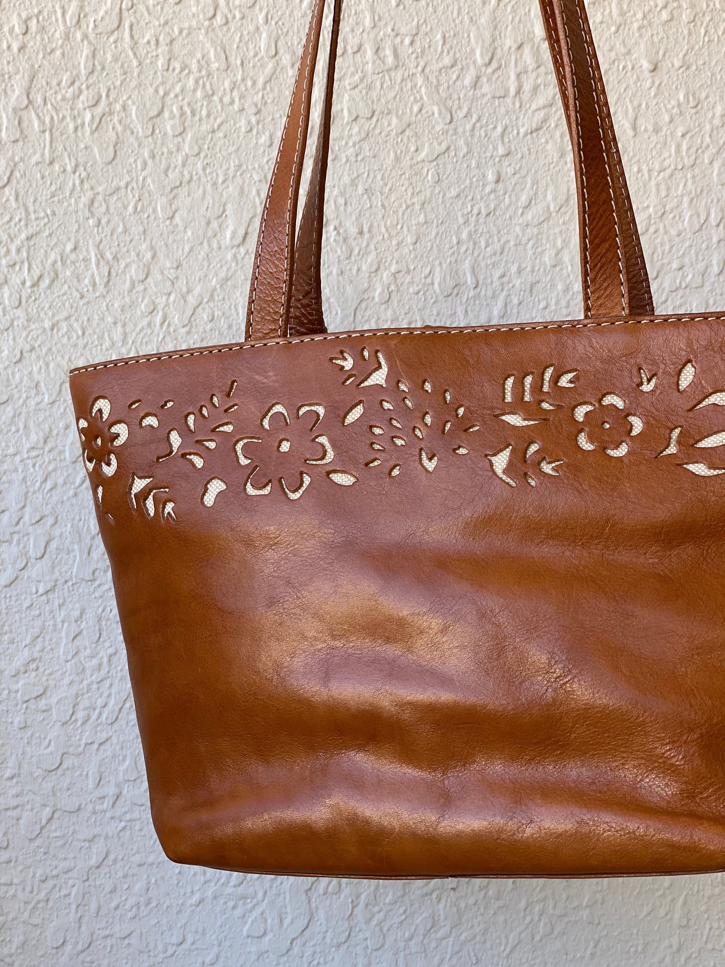 Genuine Leather Floral Perforated Design Shoulder Tote Bag - Balagan Vintage Shoulder Bag 00s, 90s, bag, genuine leather, shoulder bag, summer, Y2K