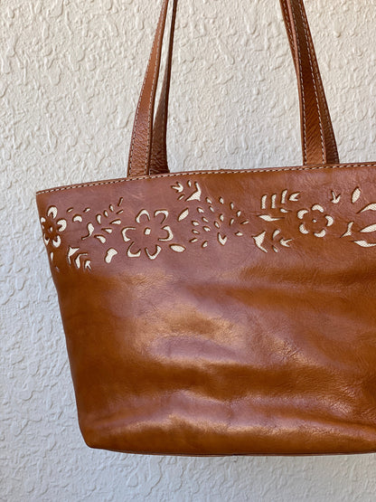 Genuine Leather Floral Perforated Design Shoulder Tote Bag - Balagan Vintage Shoulder Bag 00s, 90s, bag, genuine leather, shoulder bag, summer, Y2K