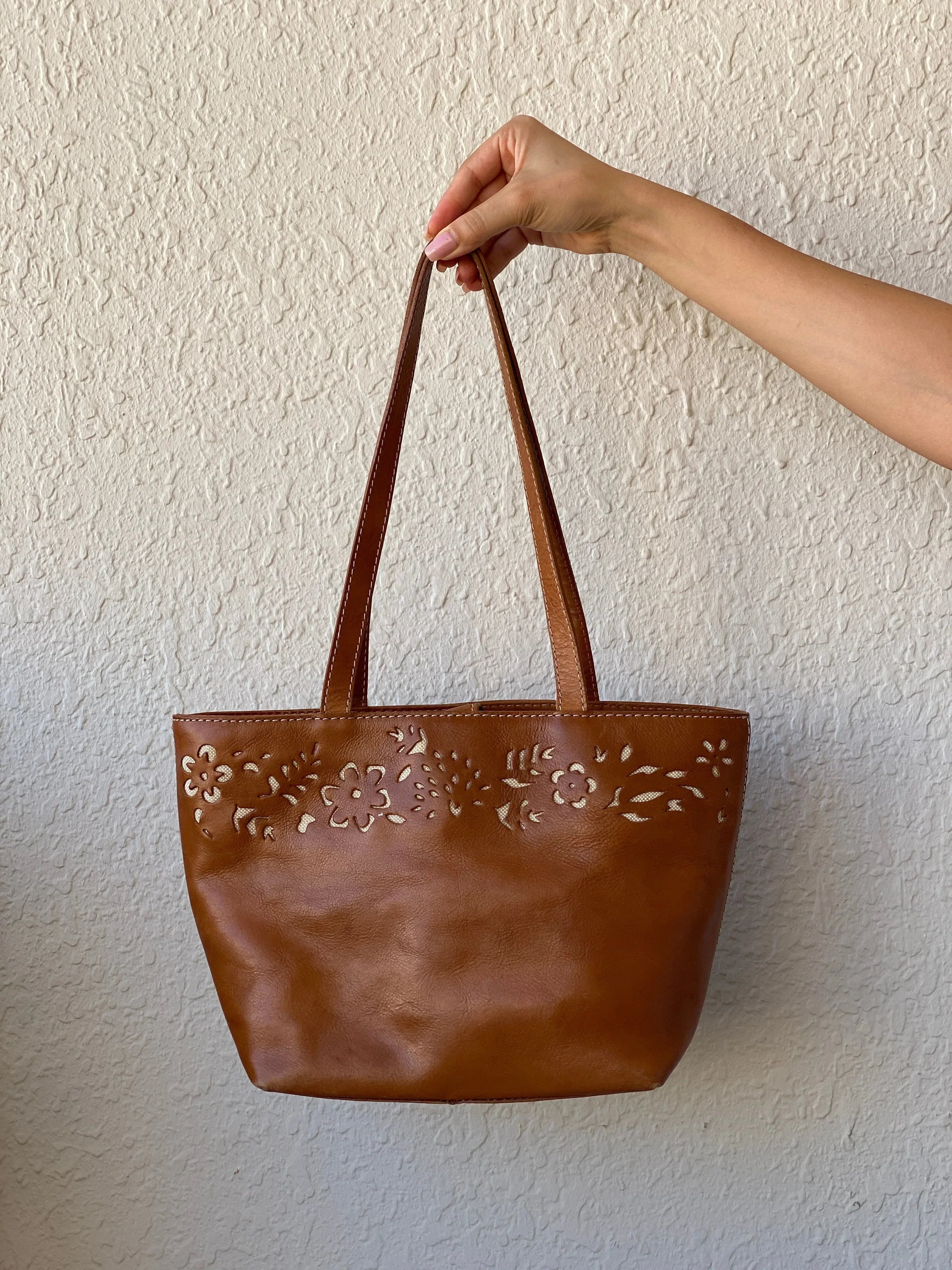 Genuine Leather Floral Perforated Design Shoulder Tote Bag - Balagan Vintage Shoulder Bag 00s, 90s, bag, genuine leather, shoulder bag, summer, Y2K