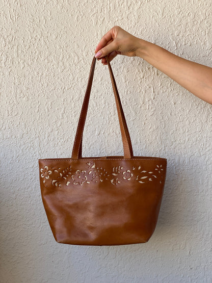 Genuine Leather Floral Perforated Design Shoulder Tote Bag - Balagan Vintage Shoulder Bag 00s, 90s, bag, genuine leather, shoulder bag, summer, Y2K