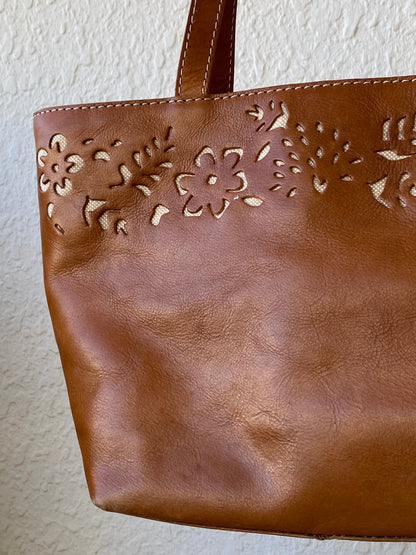 Genuine Leather Floral Perforated Design Shoulder Tote Bag - Balagan Vintage Shoulder Bag 00s, 90s, bag, genuine leather, shoulder bag, summer, Y2K