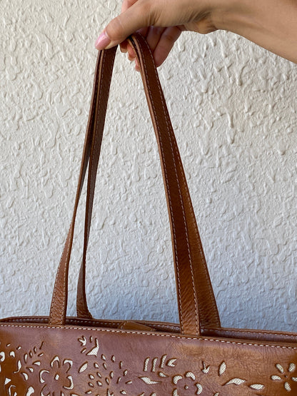 Genuine Leather Floral Perforated Design Shoulder Tote Bag - Balagan Vintage Shoulder Bag 00s, 90s, bag, genuine leather, shoulder bag, summer, Y2K