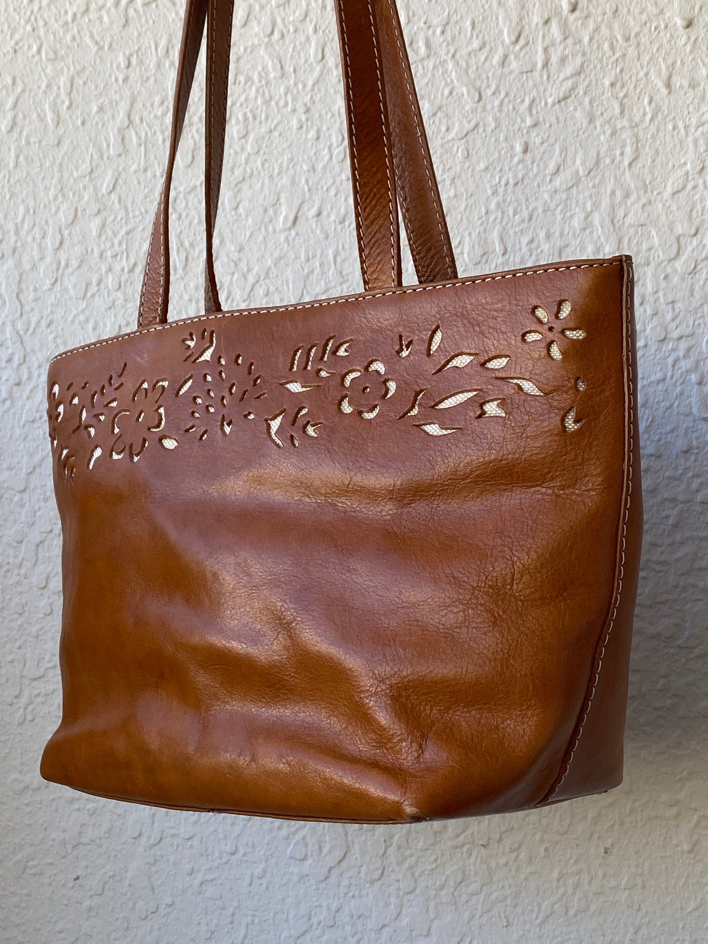 Genuine Leather Floral Perforated Design Shoulder Tote Bag - Balagan Vintage Shoulder Bag 00s, 90s, bag, genuine leather, shoulder bag, summer, Y2K