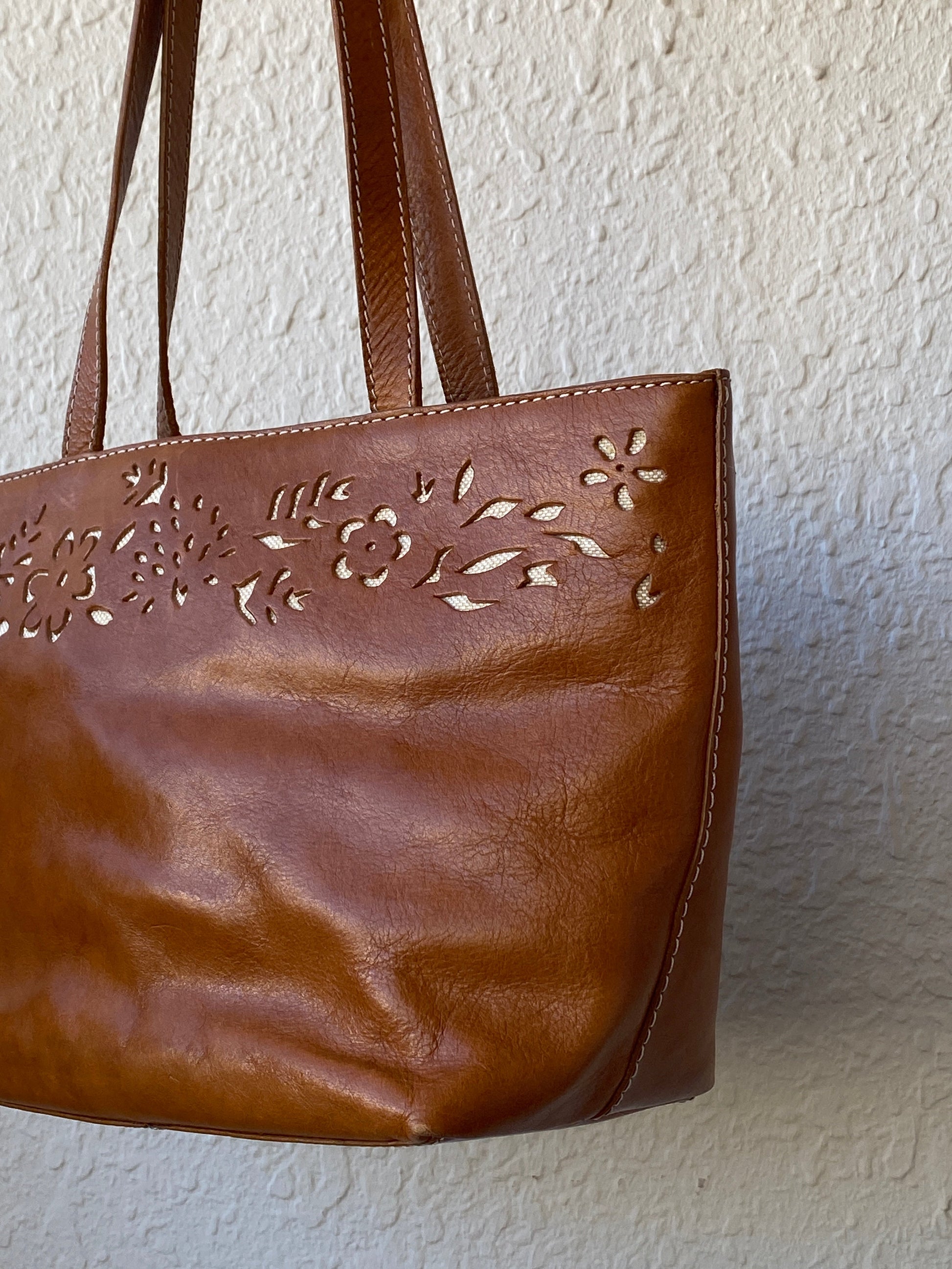 Genuine Leather Floral Perforated Design Shoulder Tote Bag - Balagan Vintage Shoulder Bag 00s, 90s, bag, genuine leather, shoulder bag, summer, Y2K