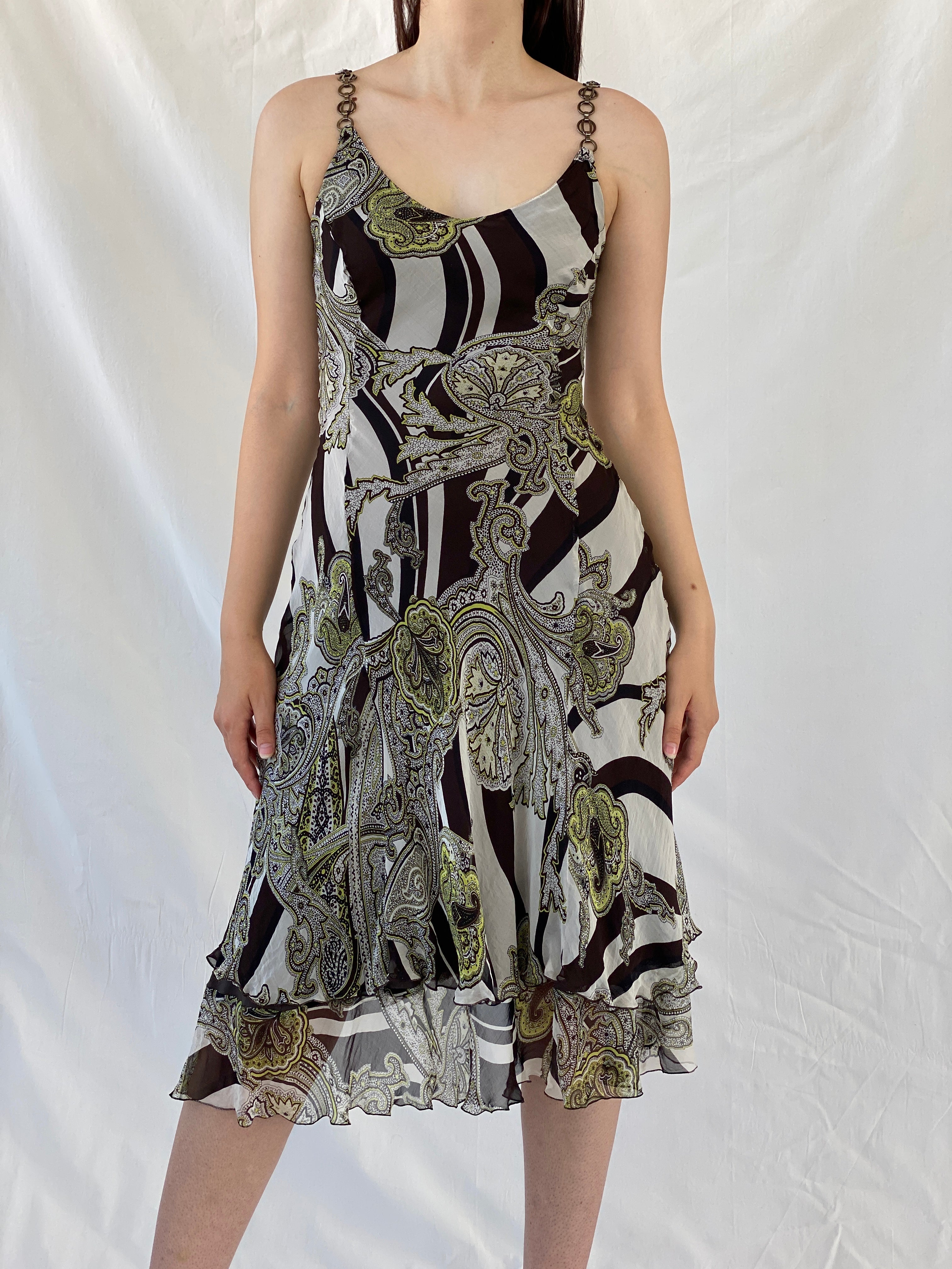 Gorgeous Claudia Sträter Paisley Print Brown Green Silk Sleeveless Summer Vacation Midi Dress - S - Balagan Vintage Midi Dress 90s dress, Ayah, dress, floral dress, midi dress, NEW IN, silk, summer dress