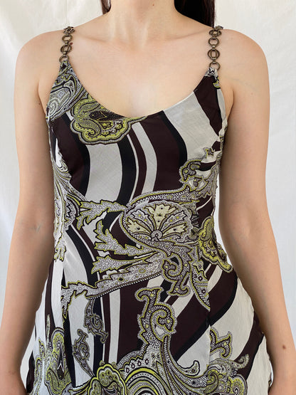 Gorgeous Claudia Sträter Paisley Print Brown Green Silk Sleeveless Summer Vacation Midi Dress - S - Balagan Vintage Midi Dress 90s dress, Ayah, dress, floral dress, midi dress, NEW IN, silk, summer dress