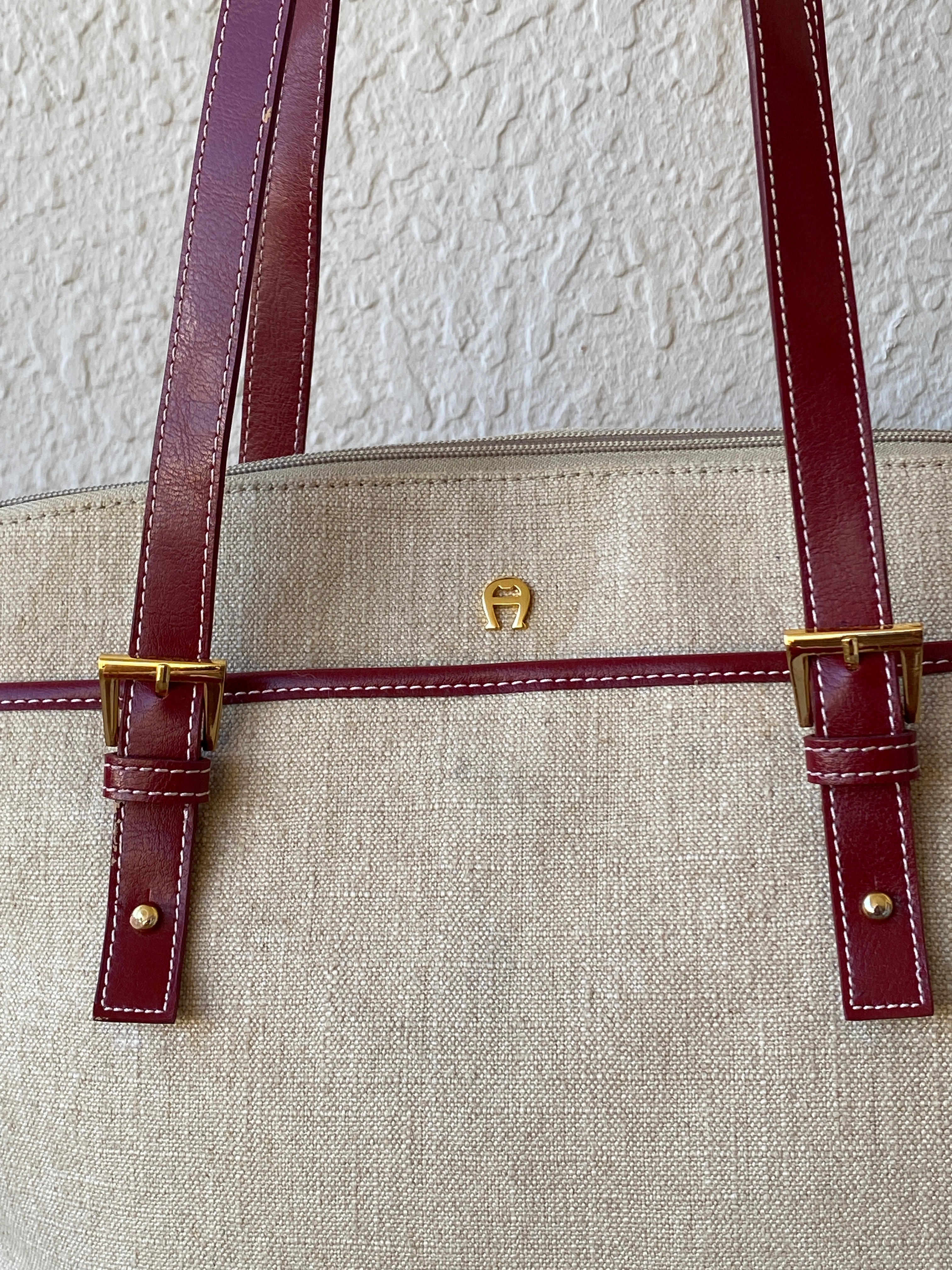 Gorgeous Etienne Aigner Tan Linen Canvas Red Leather Tote Shoulder Bag - Balagan Vintage Handbags 00s, 90s, bag, NEW IN, shoulder bag, Y2K