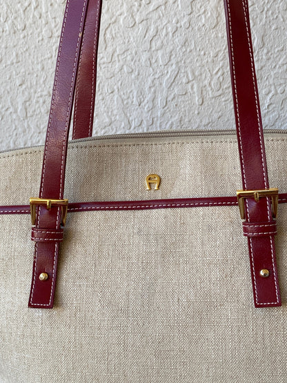 Gorgeous Etienne Aigner Tan Linen Canvas Red Leather Tote Shoulder Bag - Balagan Vintage Handbags 00s, 90s, bag, NEW IN, shoulder bag, Y2K
