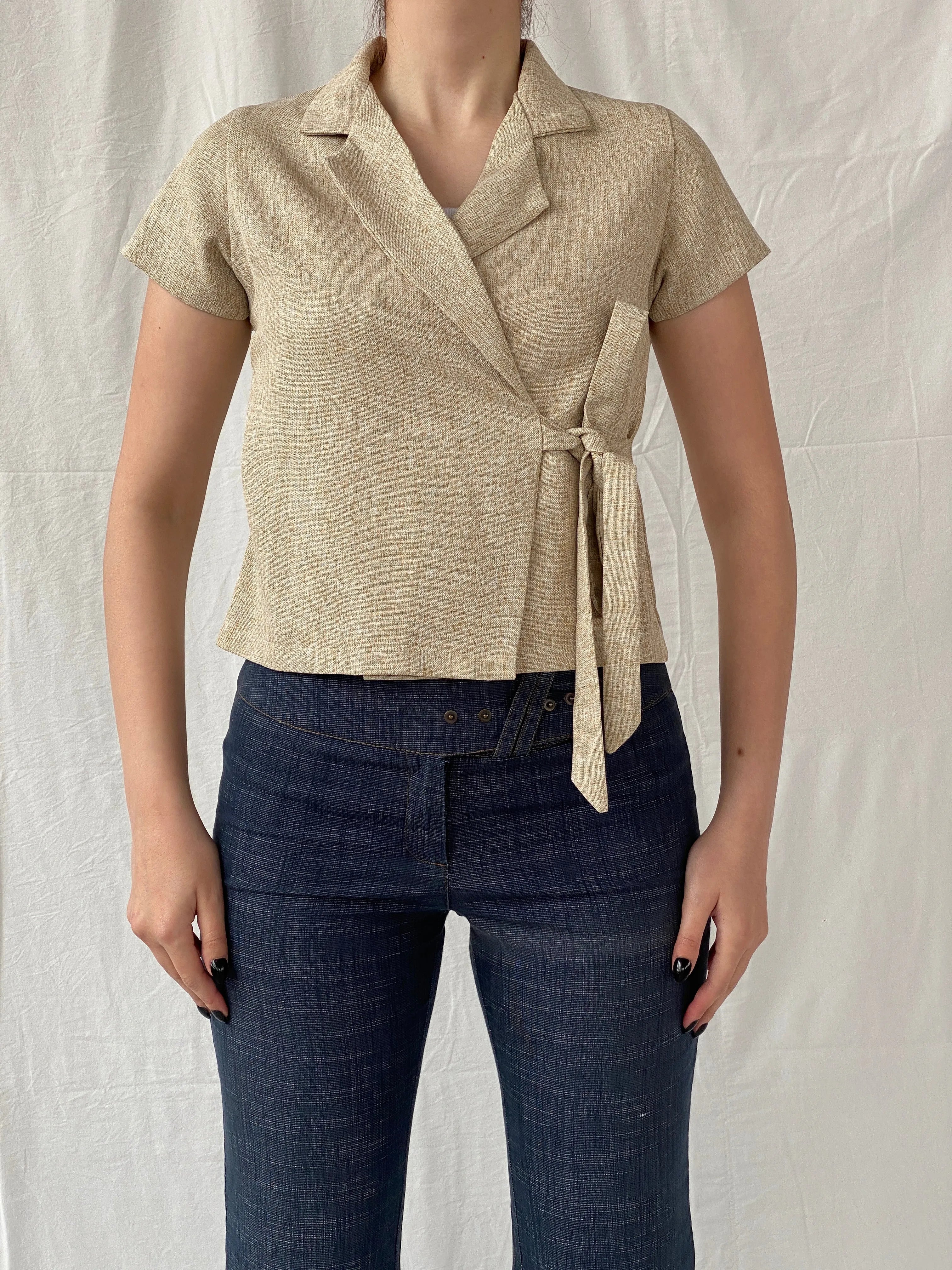 Gorgeous Hana Milin Cotton Linen Blend Women’s Beige Short Sleeve Wrap Blazer - S - Balagan Vintage Half Sleeve Blazer 00s, Ayah, blazer, half sleeve blazer, NEW IN, vintage blazer