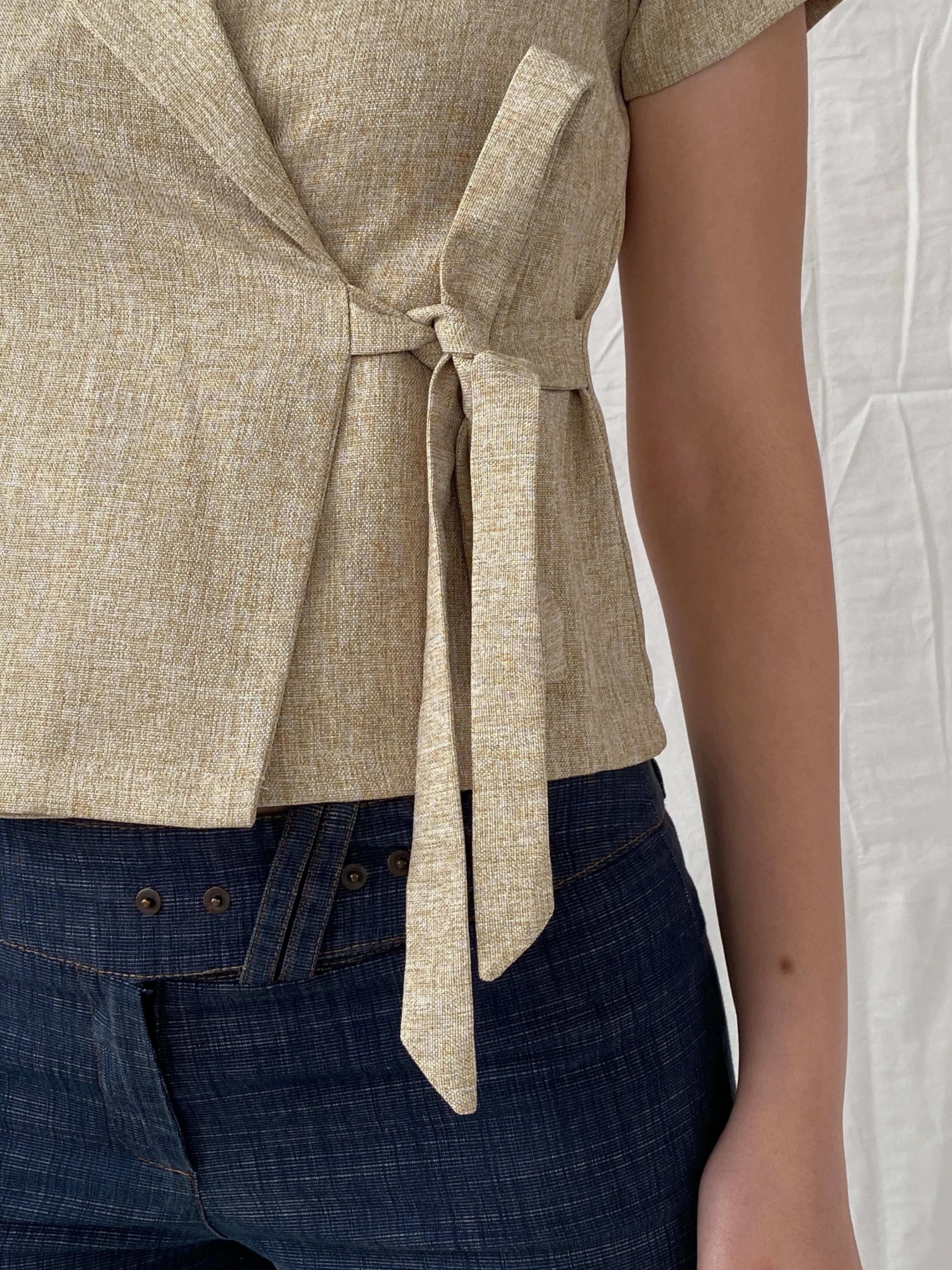 Gorgeous Hana Milin Cotton Linen Blend Women’s Beige Short Sleeve Wrap Blazer - S - Balagan Vintage Half Sleeve Blazer 00s, Ayah, blazer, half sleeve blazer, NEW IN, vintage blazer