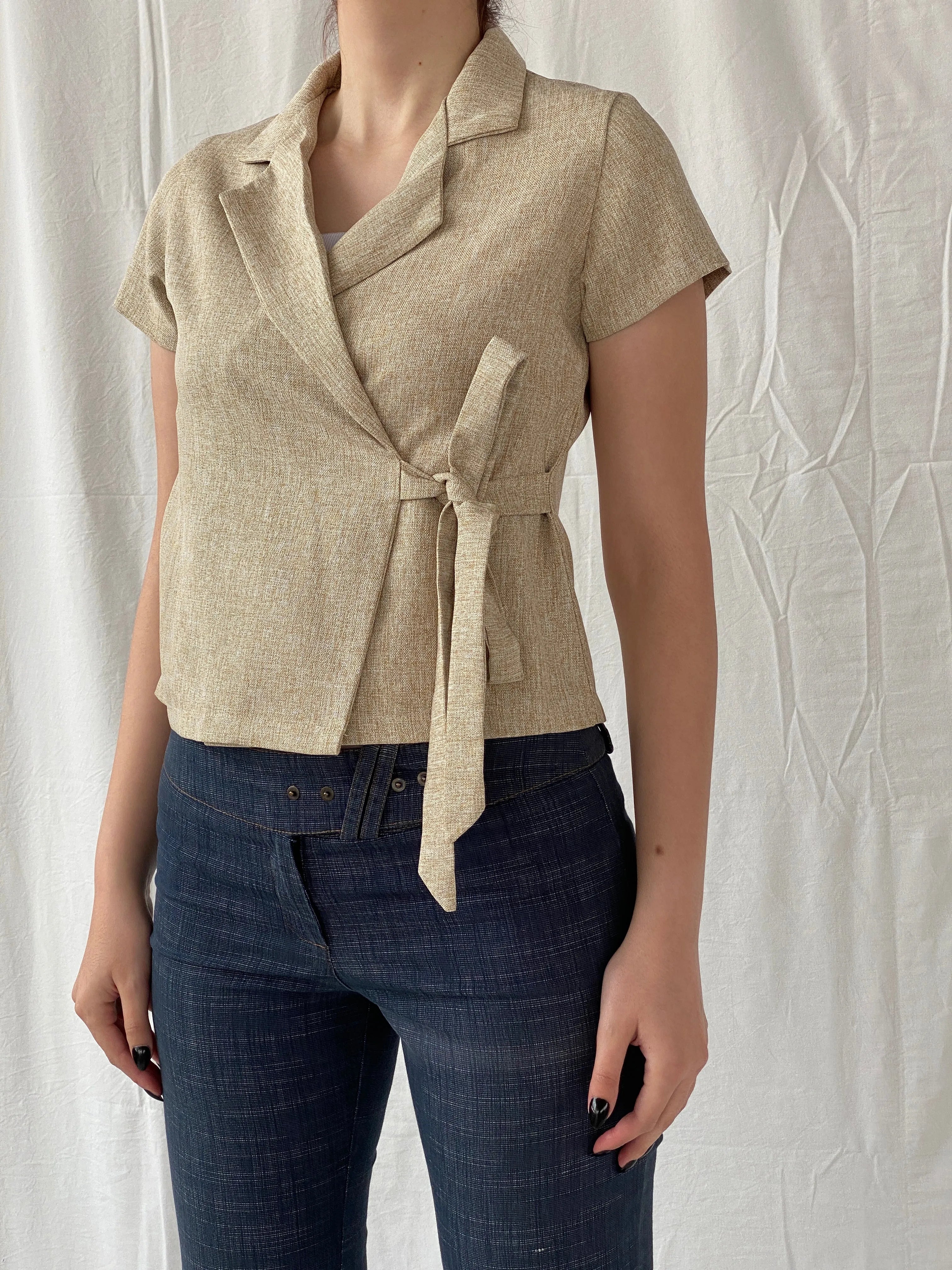 Gorgeous Hana Milin Cotton Linen Blend Women’s Beige Short Sleeve Wrap Blazer - S - Balagan Vintage Half Sleeve Blazer 00s, Ayah, blazer, half sleeve blazer, NEW IN, vintage blazer