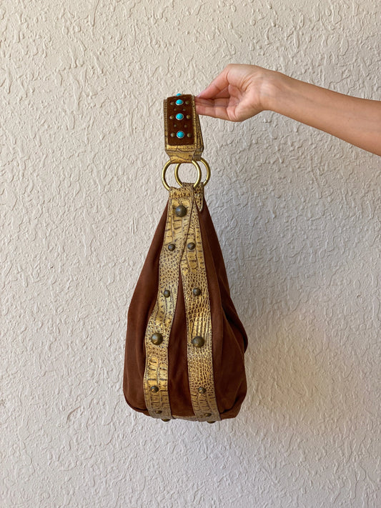 Gorgeous Kathy Van Zeeland Brown Vegan Suede Gold Faux Leather Trim Western Boho Shoulder Bag - Balagan Vintage Shoulder Bag 00s, 90s, bag, cowboy, NEW IN, shoulder bag, Y2K