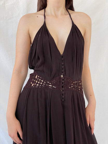 Gorgeous Max Azria Collection Silk Halter Midi Dress with Crochet Waist Detail - M - Balagan Vintage Midi Dress 90s dress, Ayah, dress, Halter Dress, midi dress, NEW IN, silk, summer dress, Wedding Guest